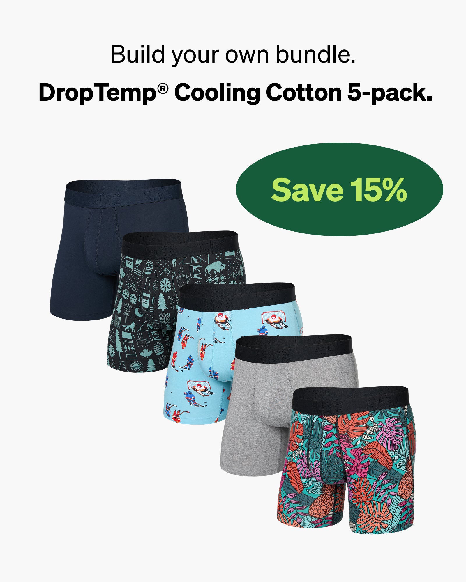 Five pairs of DropTemp Cooling Cotton boxer briefs with various patterns on a white background.