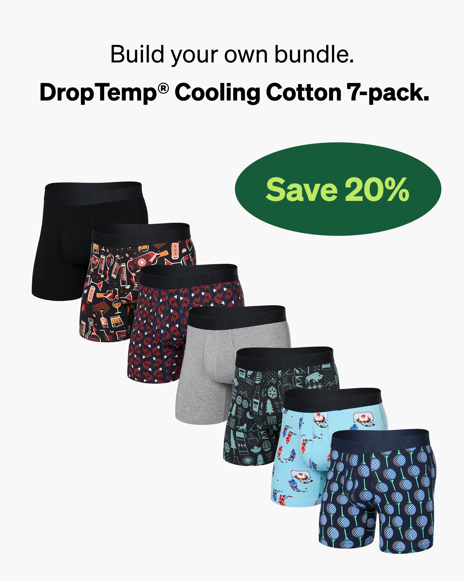 7-pack of DropTemp Cooling Cotton boxer briefs with various patterns on a white background.