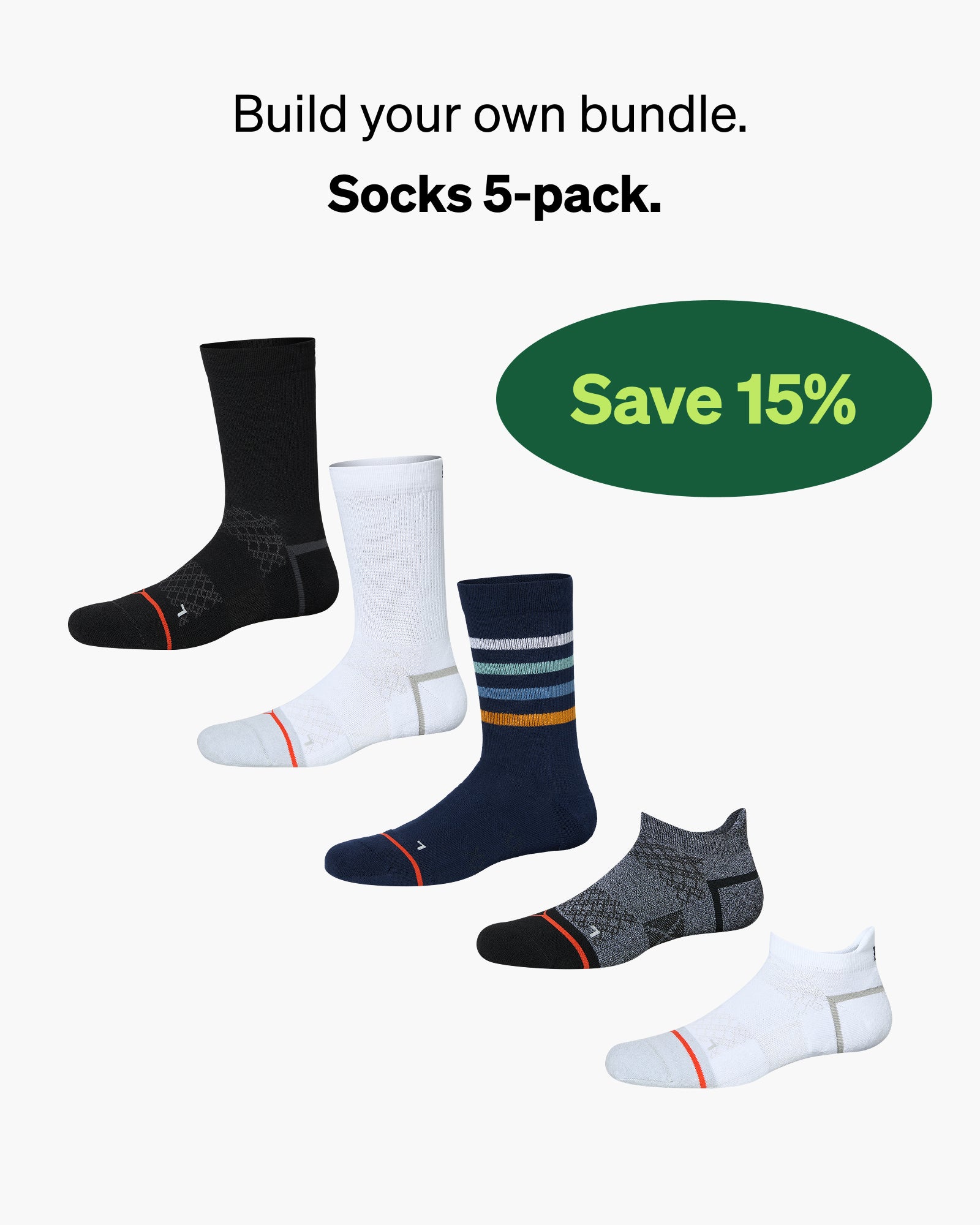 Five pairs of socks in black, white, blue, and gray with a promotional message to build your own bundle and save 15%.