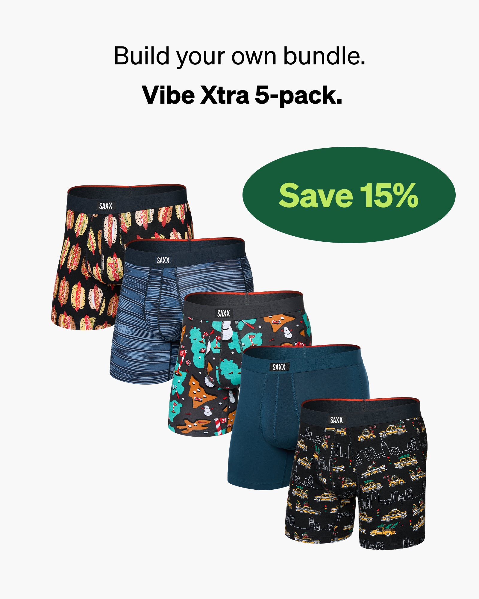 Five pairs of SAXX underwear with various patterns on a white background, promotional text for a 15% discount.