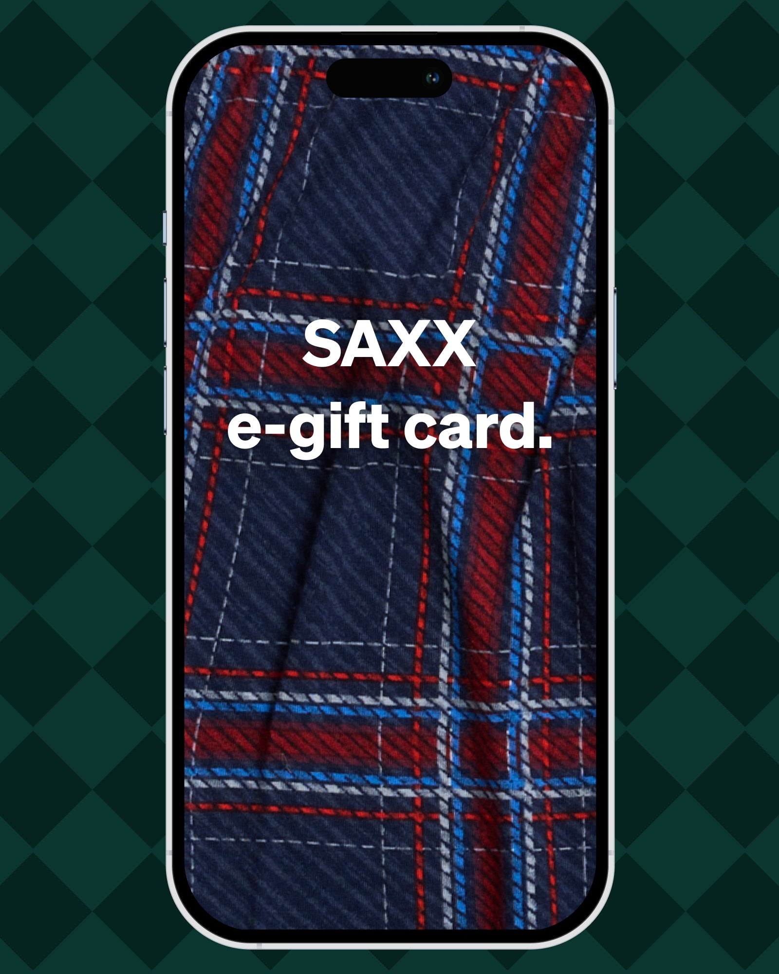 Phone case with plaid pattern and 'SAXX e-gift card' text on a green checkered background