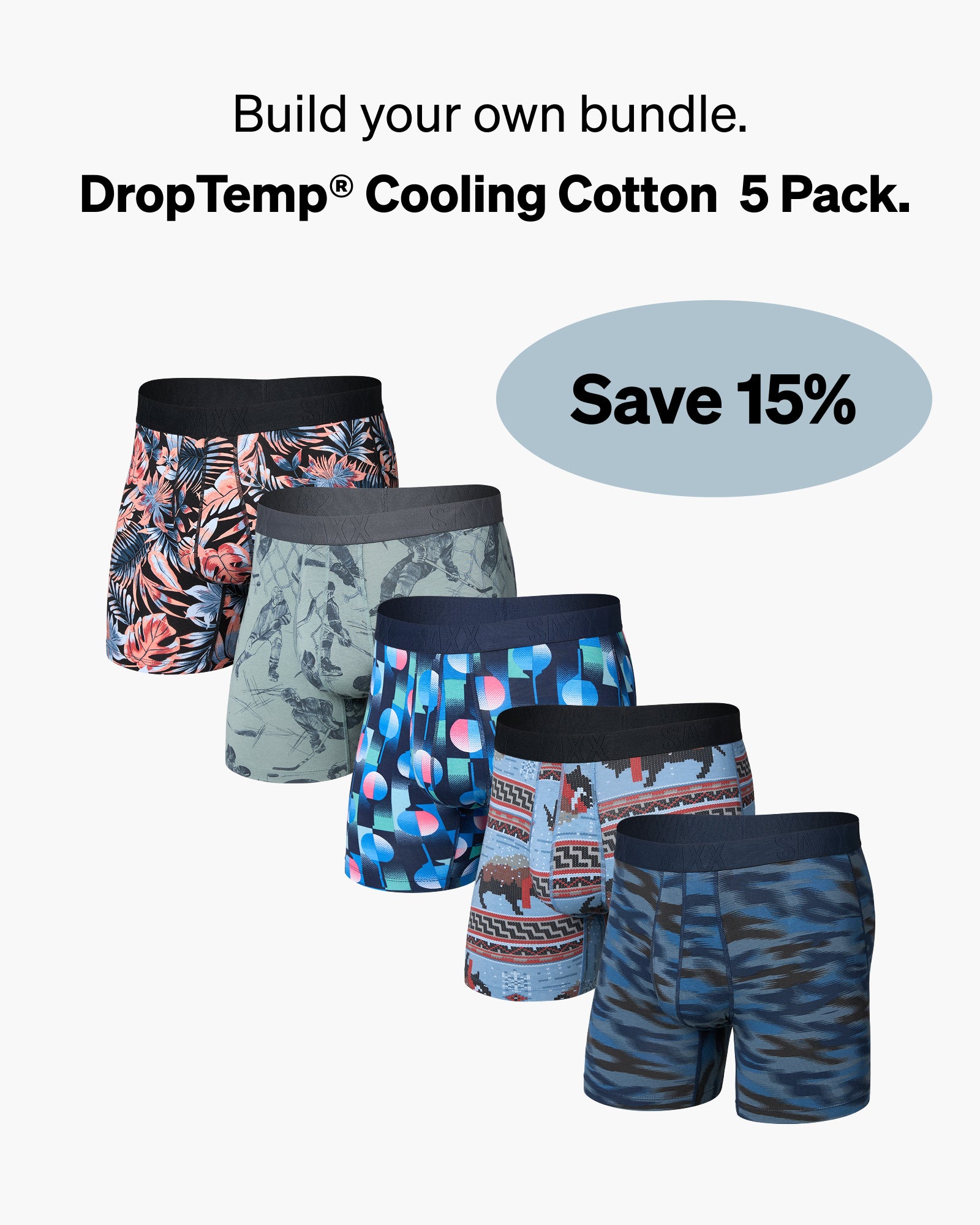Five pairs of DropTemp Cooling Cotton boxer briefs with various patterns on a white background.