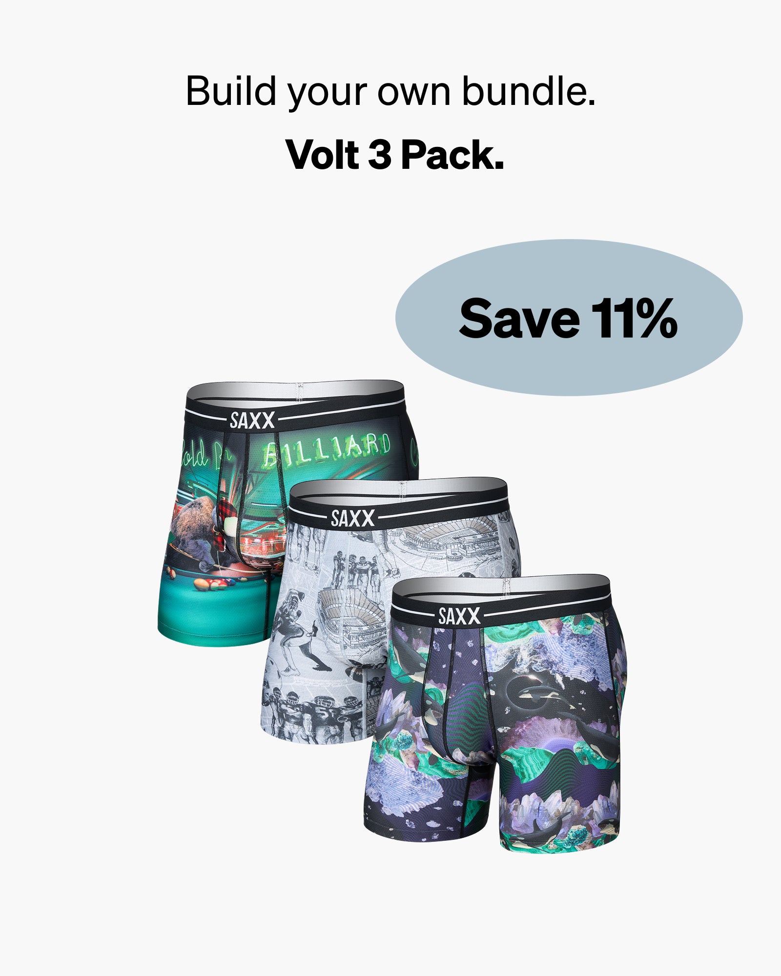 Three pairs of SAXX men's boxer briefs displayed together on a light gray background with promotional text 'Build your own bundle. Volt 3 Pack. Save 11%'