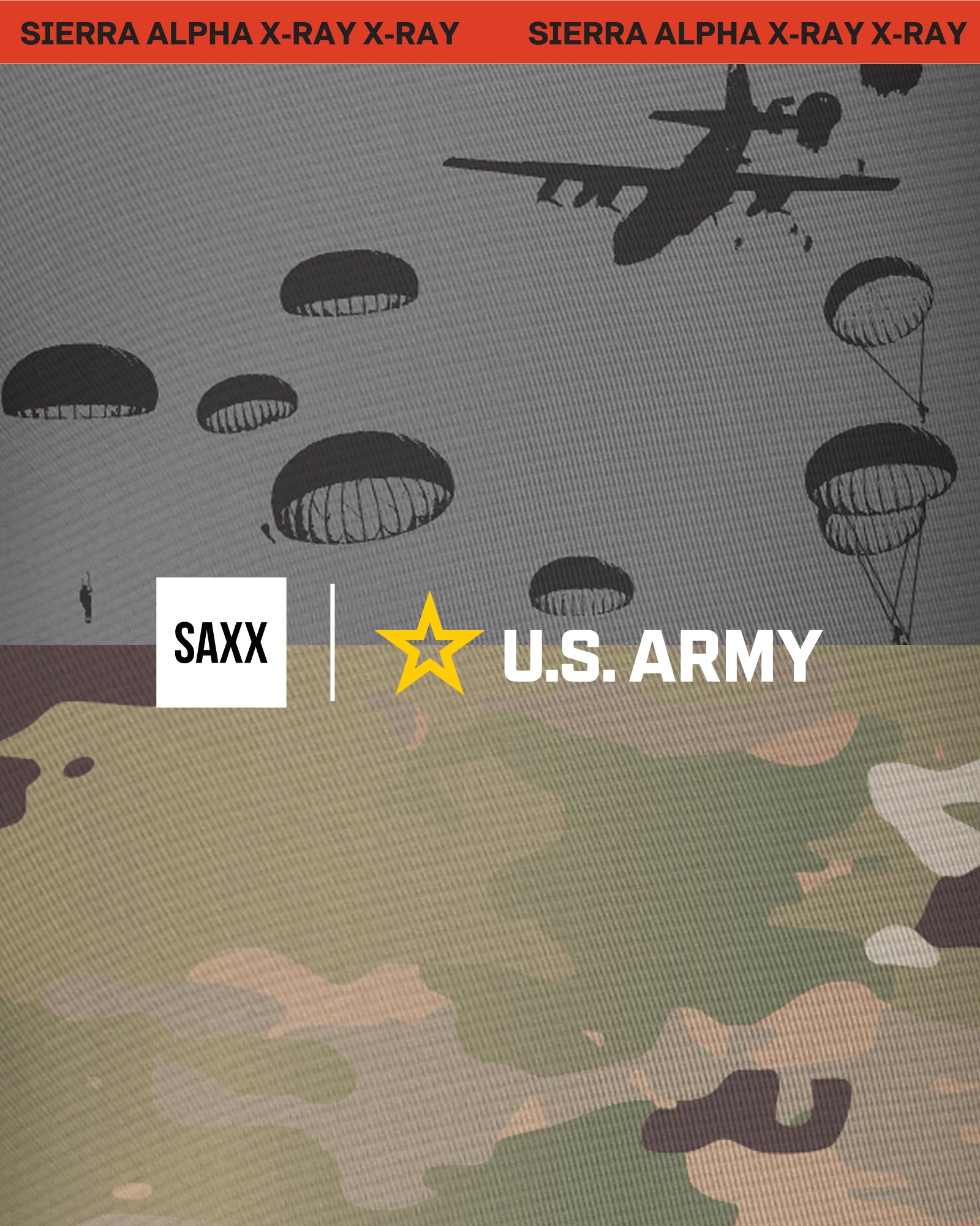 SAXX x U.S. Army graphic featuring parachutes, aircraft silhouettes, and camo-inspired artwork with bold military styling.