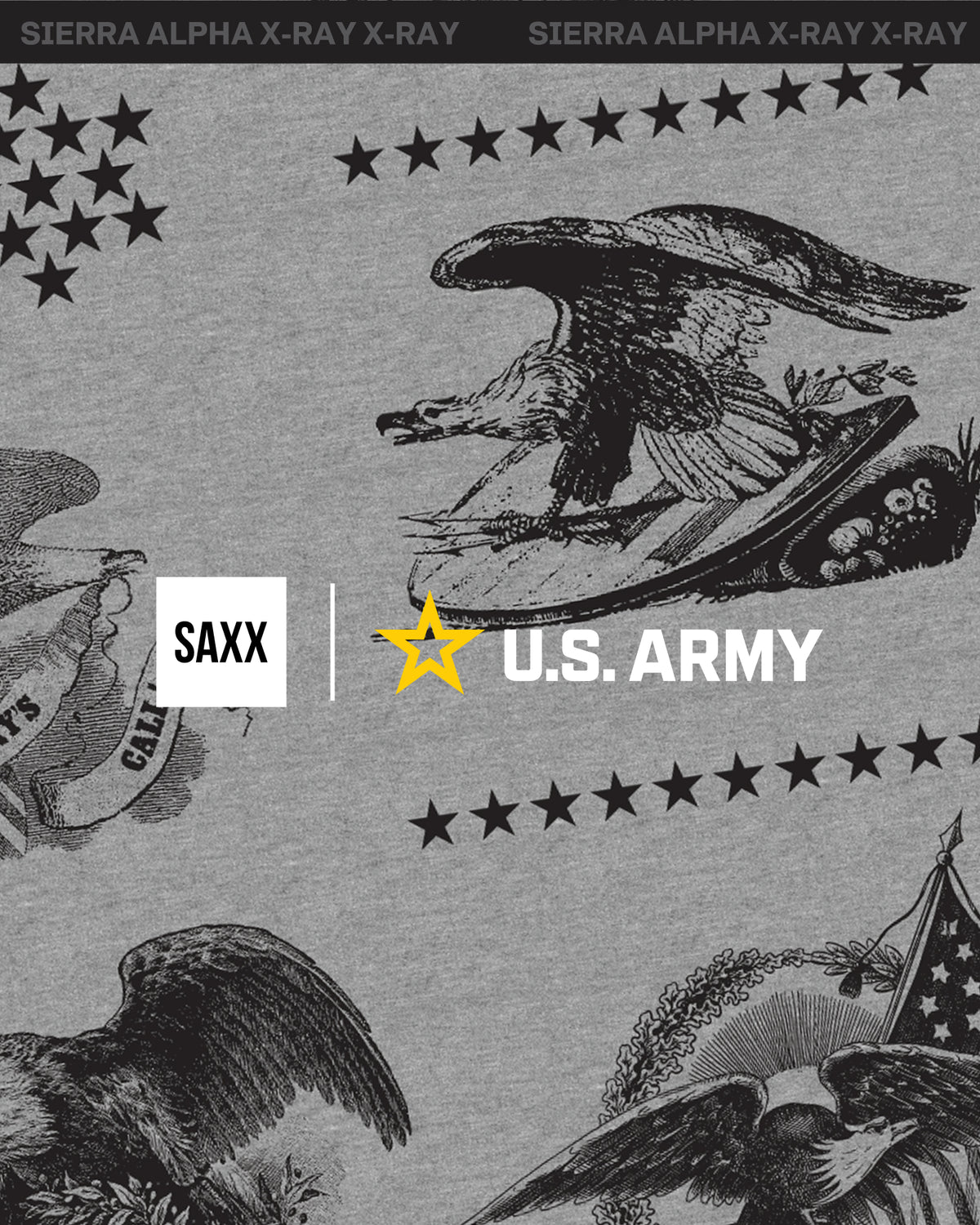 SAXX x U.S. Army graphic featuring vintage eagle illustrations, stars, and military-inspired artwork on a grey background.