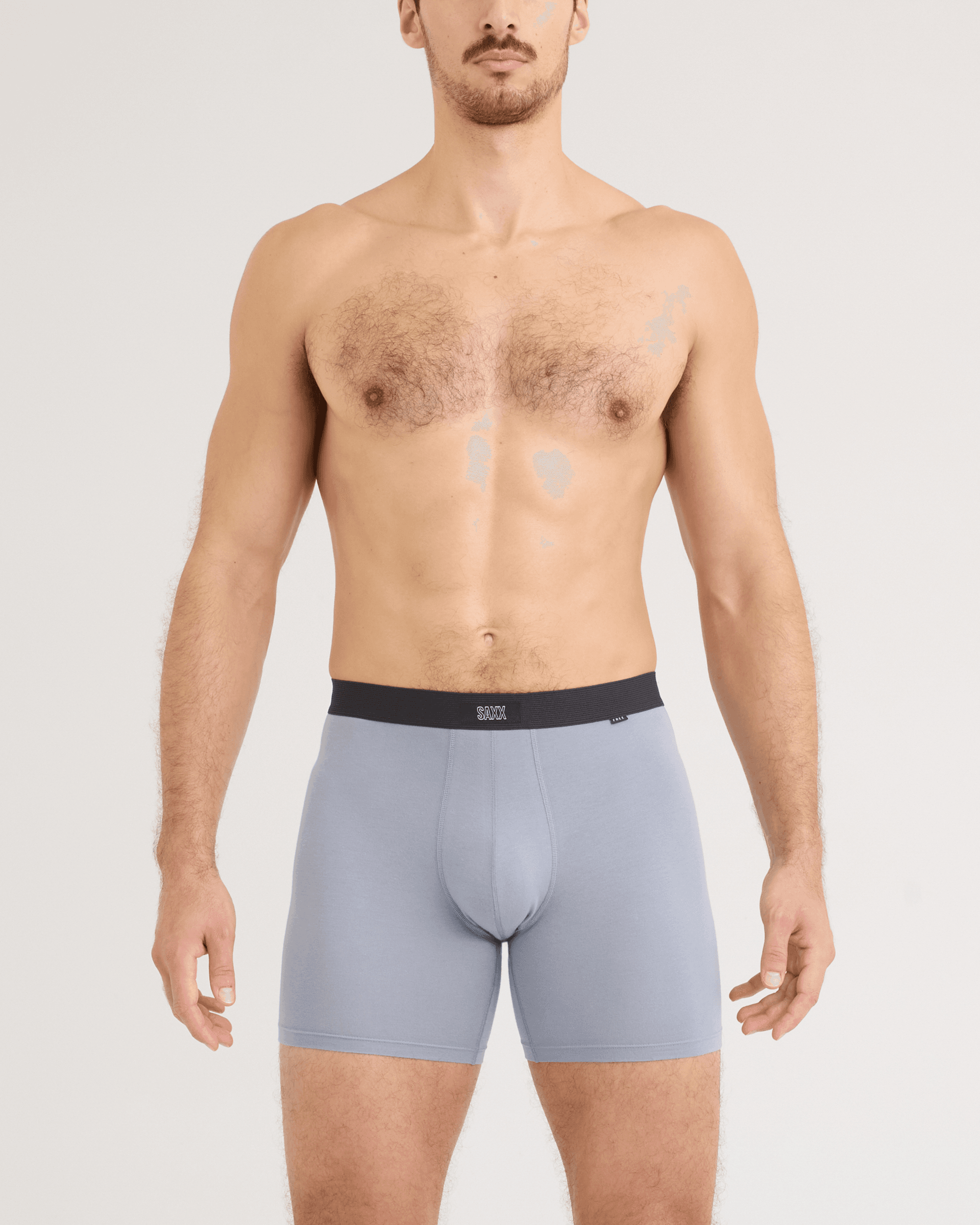 Front - Model wearing 24Seven Cotton Boxer Brief 3 Pack in Tradewinds/Navy/Black