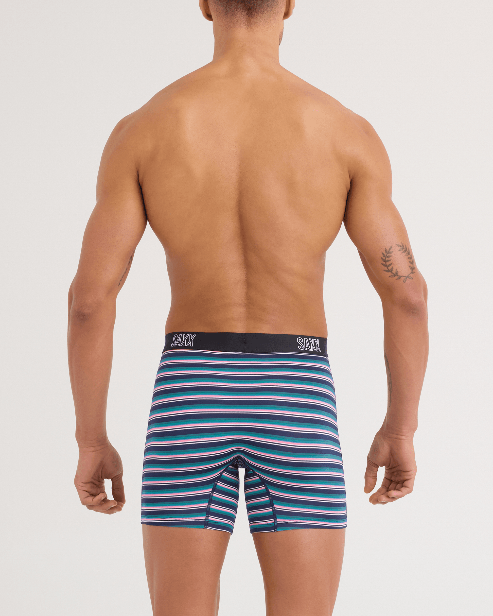 Back - Model wearing DropTemp All Day Cooling Boxer Brief in Micro Field Stripe-Navy