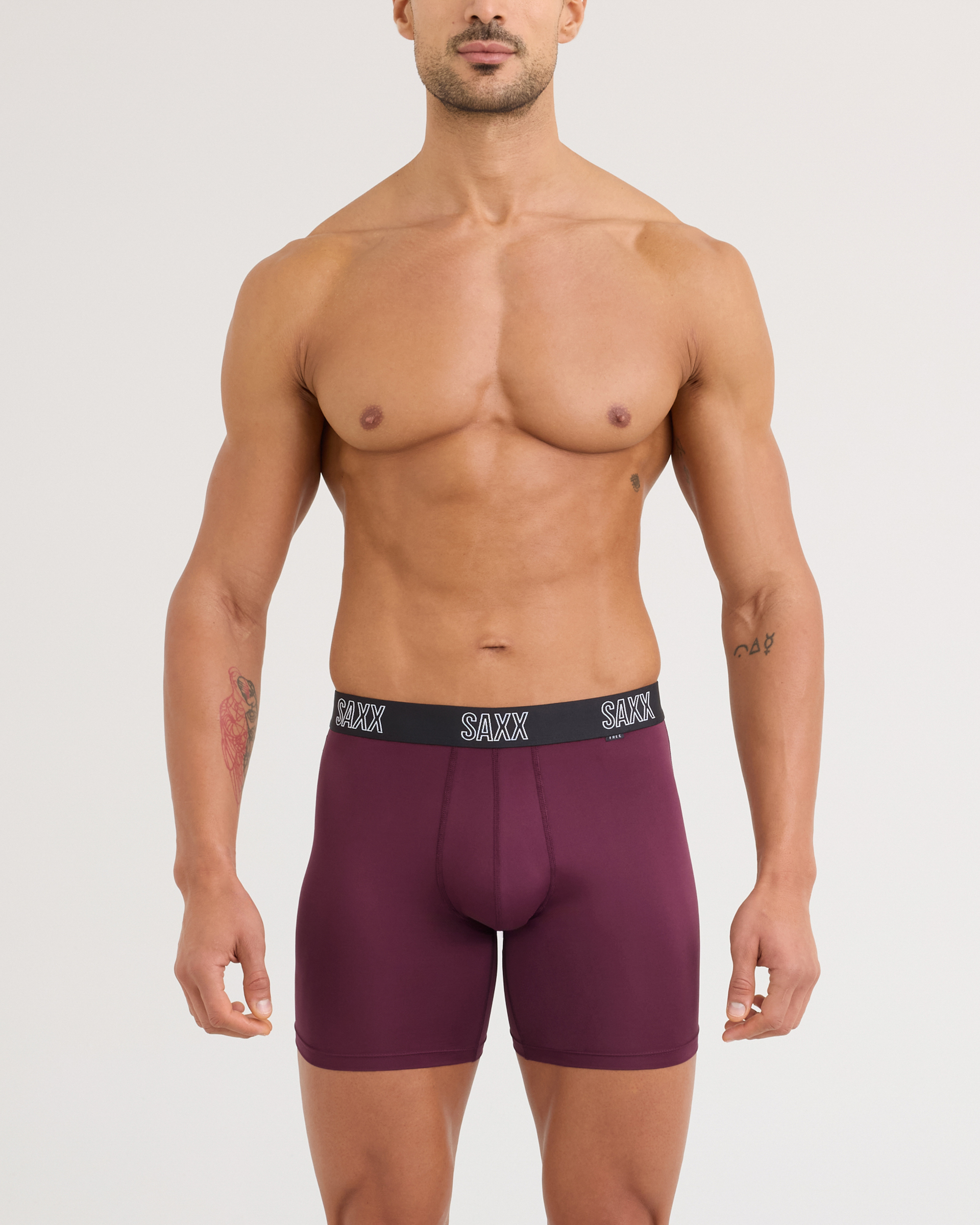 Front - Model wearing DropTemp All Day Cooling Boxer Brief 3 Pack in Maroon/Parisian/Black