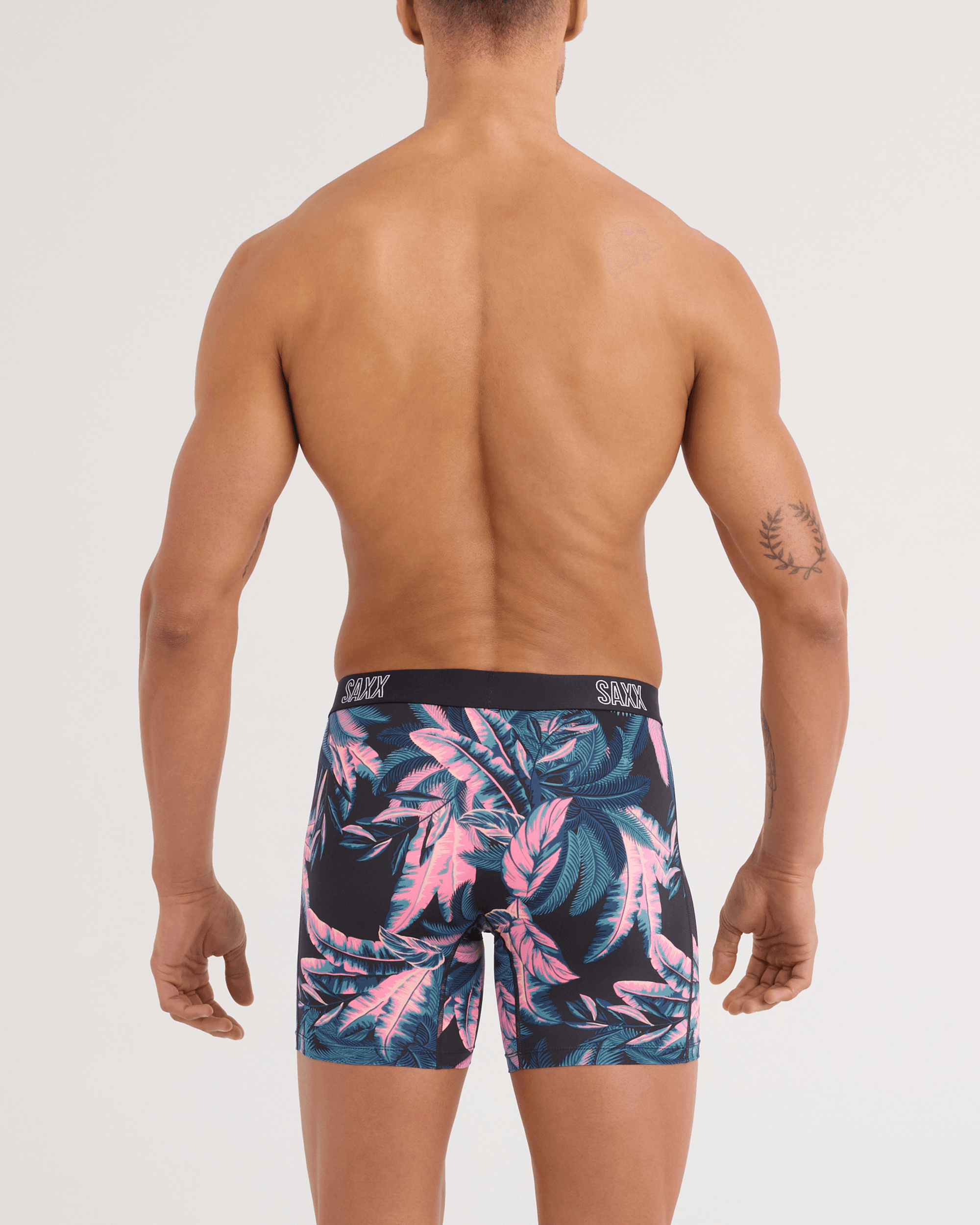 Back - Model wearing DropTemp All Day Cooling Boxer Brief in Tropical Jungle-Black