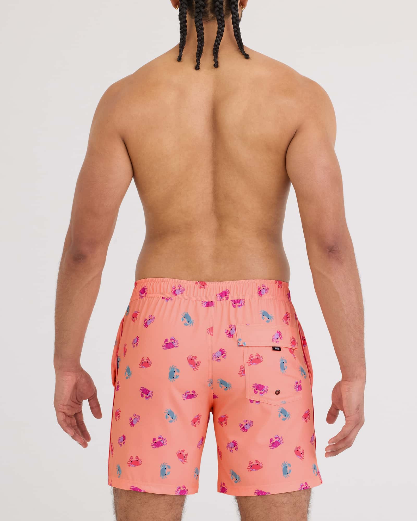 Back - Model wearing Oh Buoy 2N1 Volley - Brief Liner 7" in Crab Boil-Desert Flower