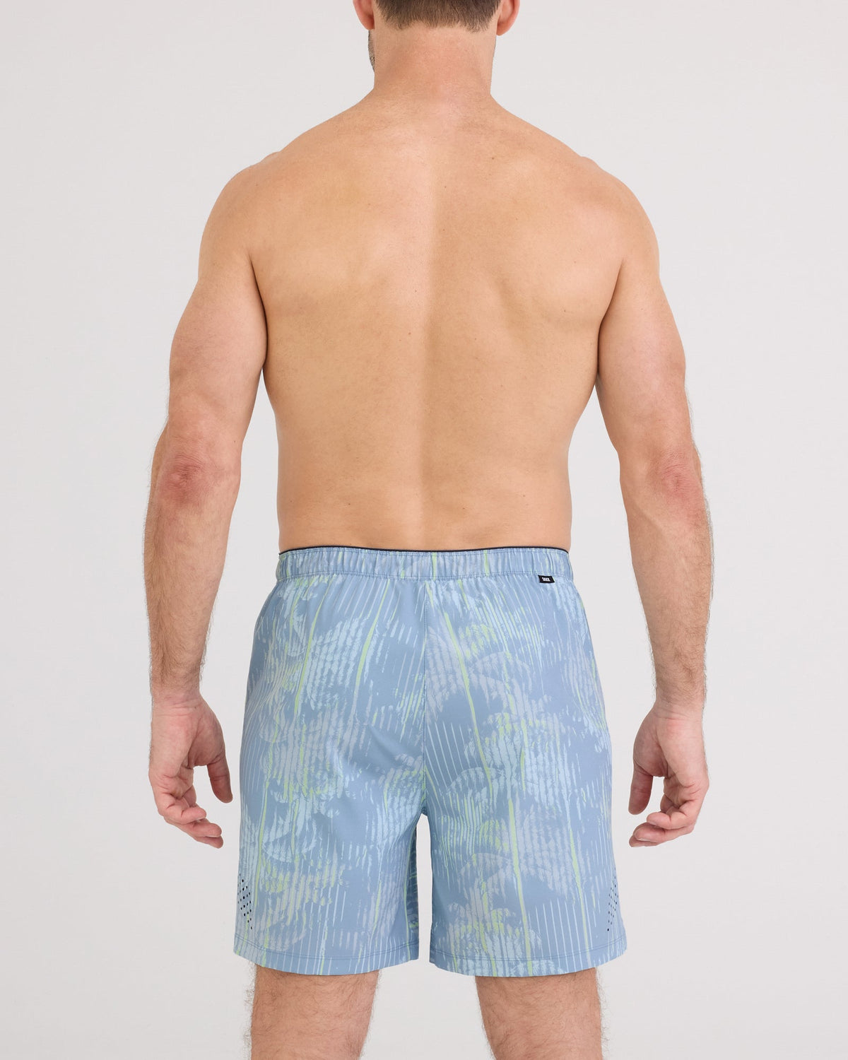 Back - Model wearing Power Moves Short 7" in Palm Screen-Faded Denim