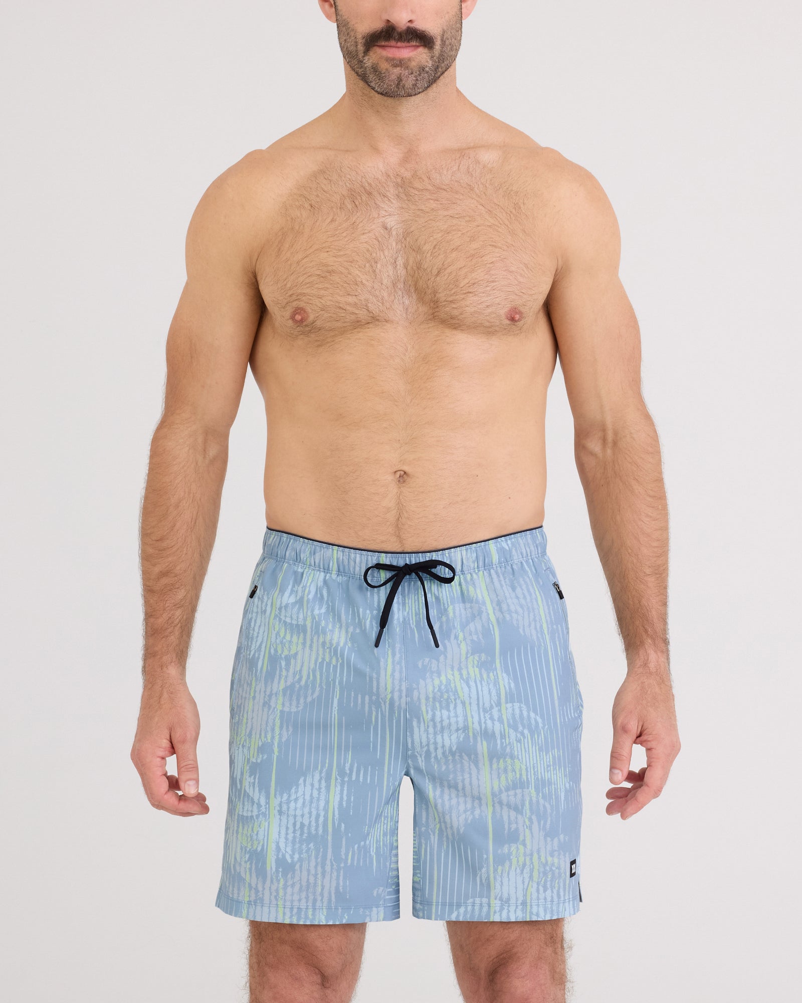 Front - Model wearing Power Moves Short 7" in Palm Screen-Faded Denim