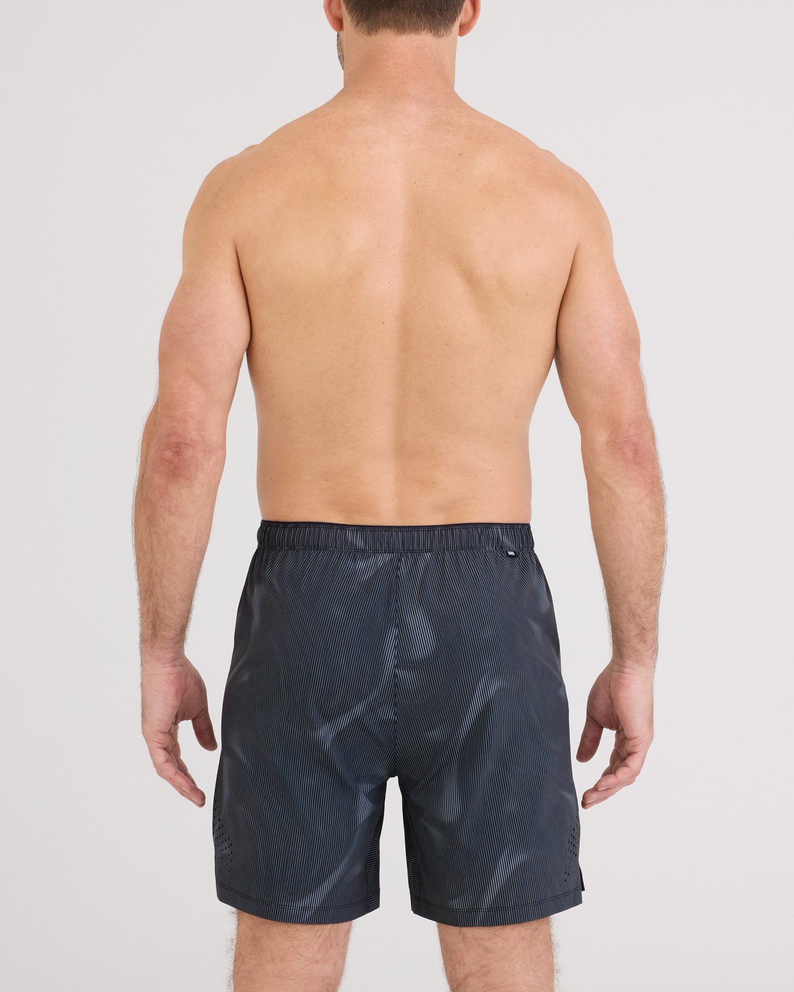 Back - Model wearing Power Moves Short 7" in Smoke Camo-Dark Charcoal