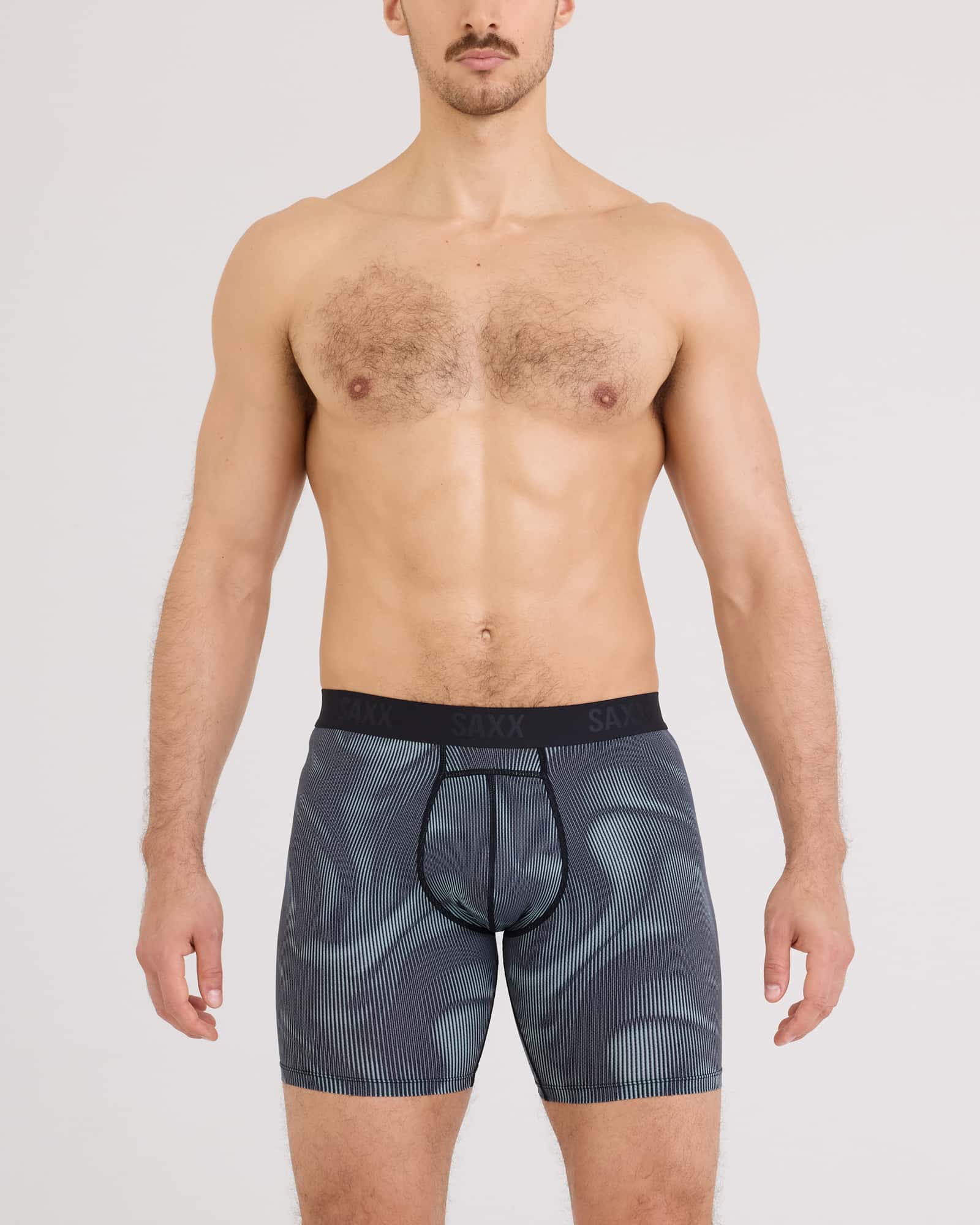 Front - Model wearing Smooth Flex Light Compression Long Boxer Brief in Smoke Camo-Deep Navy