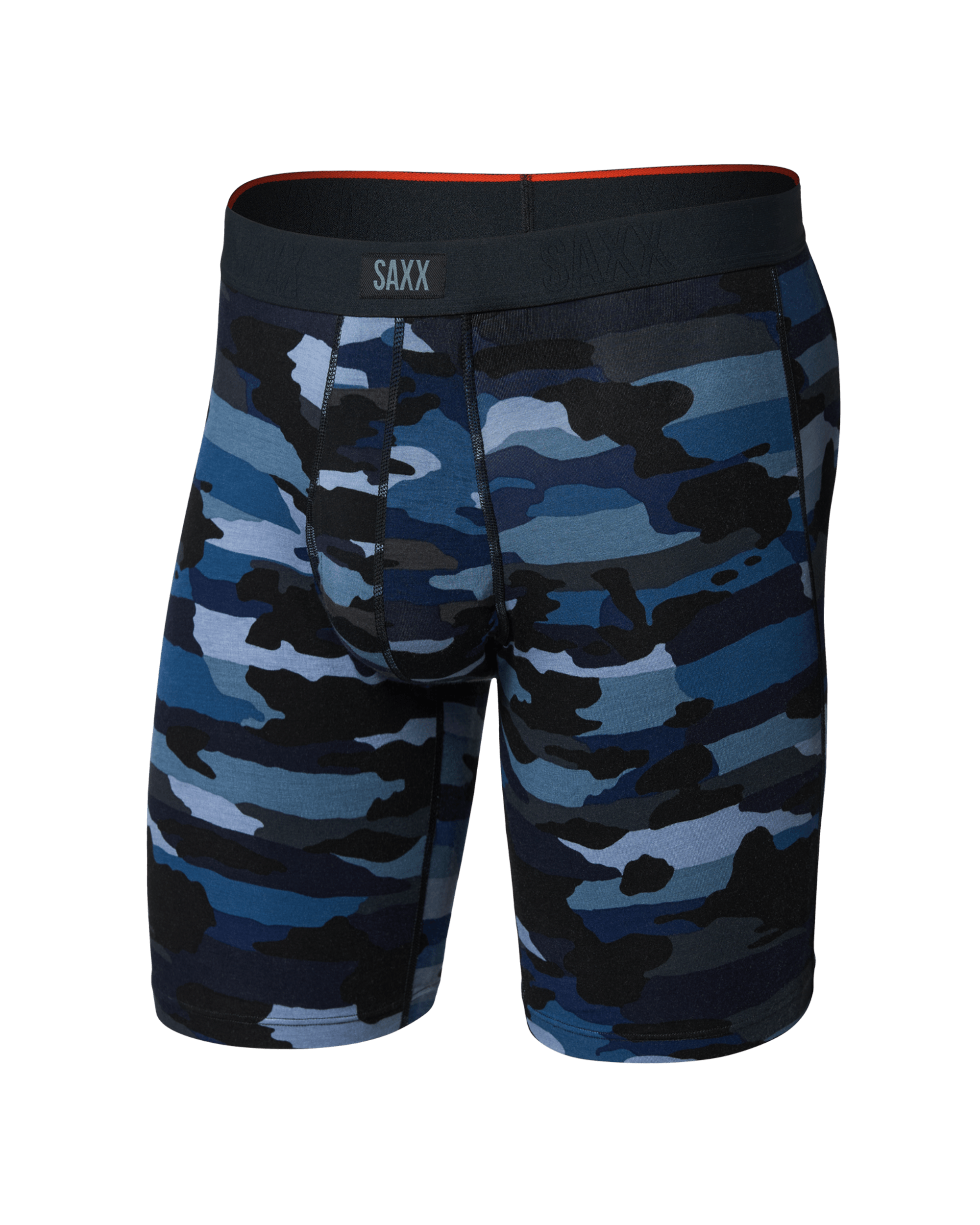 Front of Vibe Xtra Soft Comfort Long Boxer Brief Fly in Cloudbank Camo-Navy