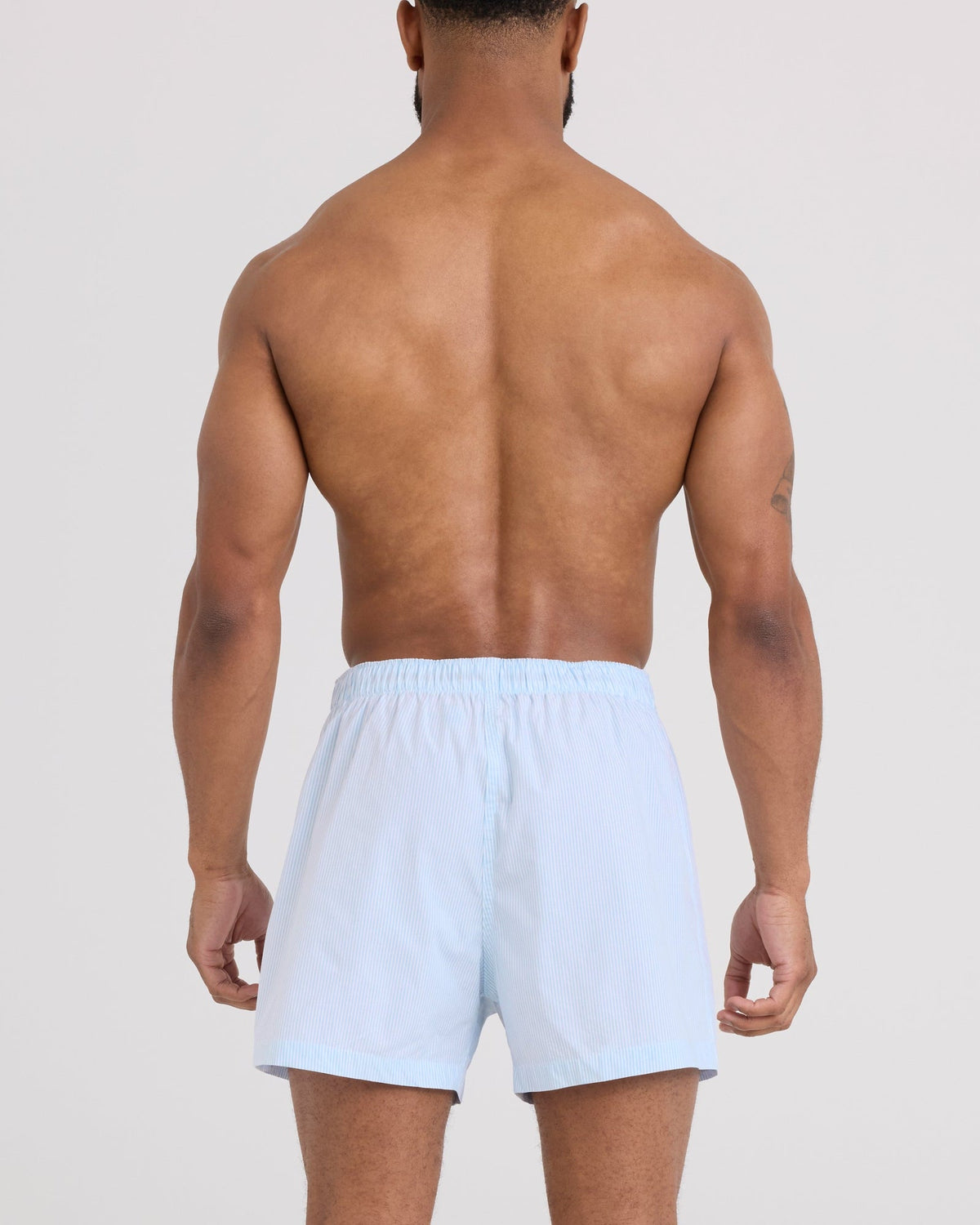 Back - Model wearing 24Seven Cotton Boxer Short in Mini Oxford Stripe-Chambray