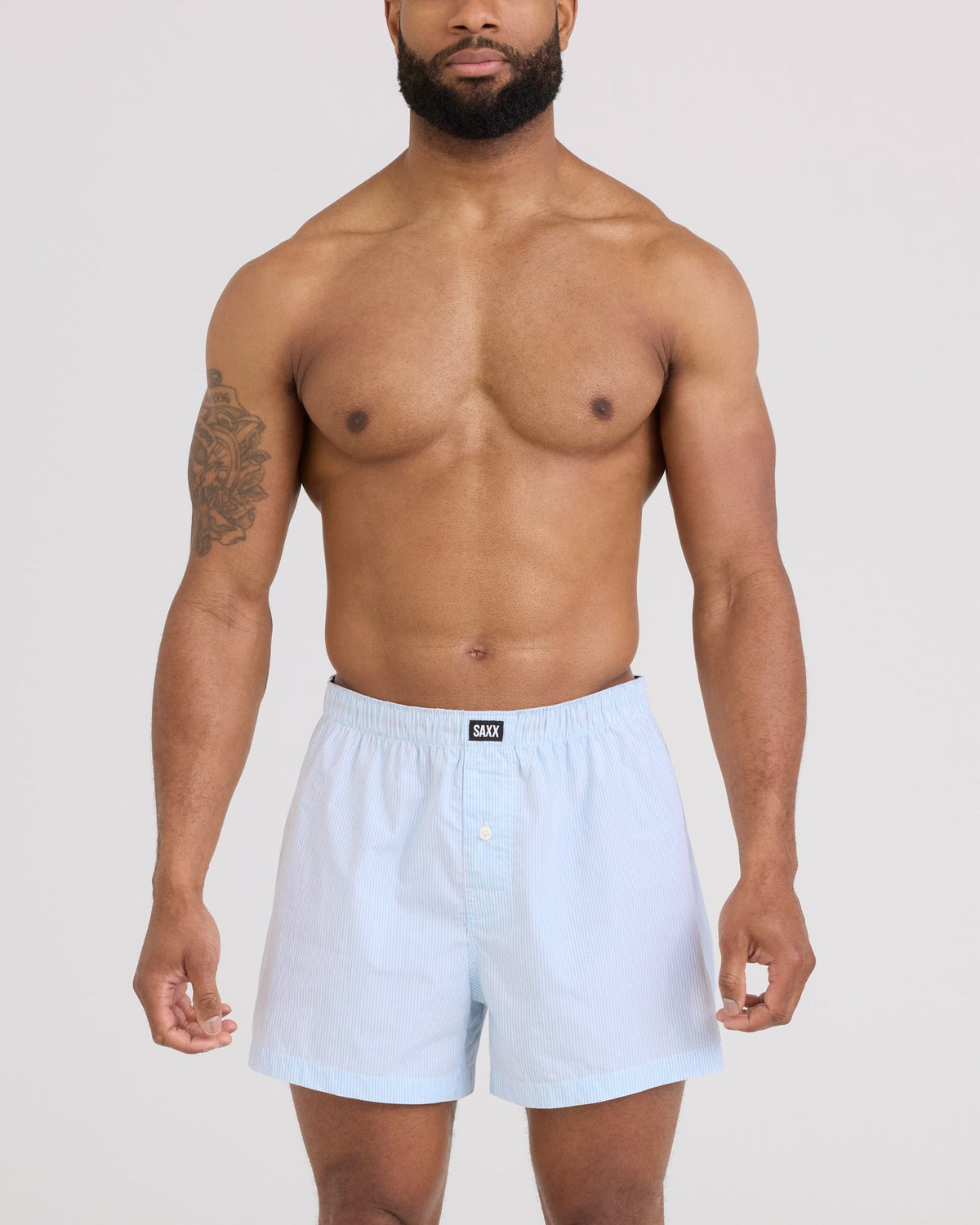 Front - Model wearing 24Seven Cotton Boxer Short in Mini Oxford Stripe-Chambray