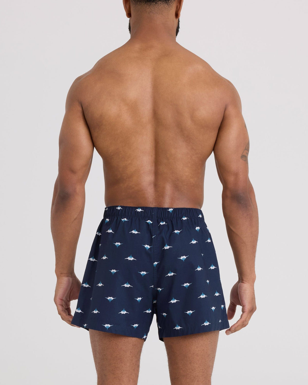 Back - Model wearing 24Seven Cotton Boxer Short in Mini Predator-Maritime