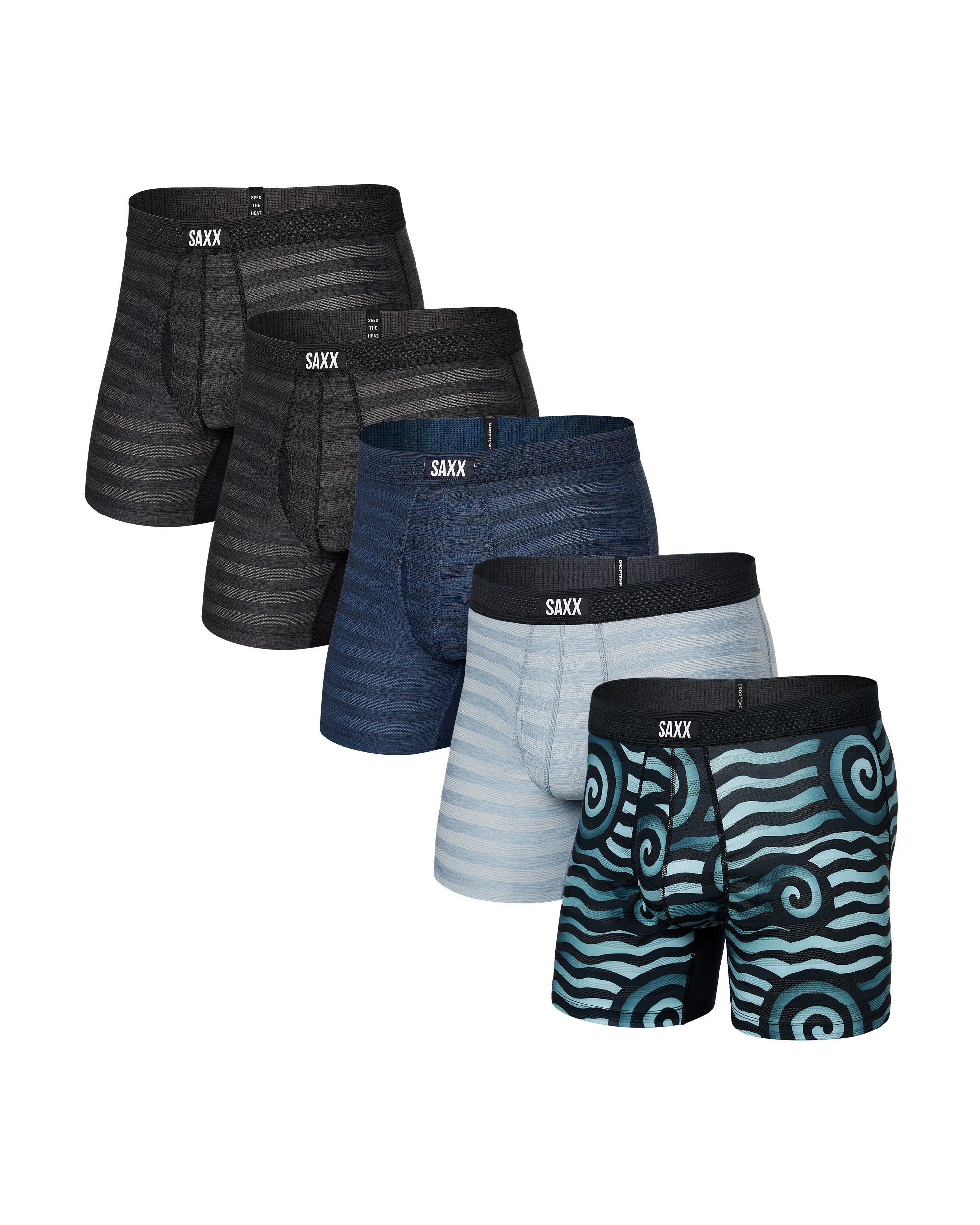 Set of five SAXX men's underwear boxes on a white background