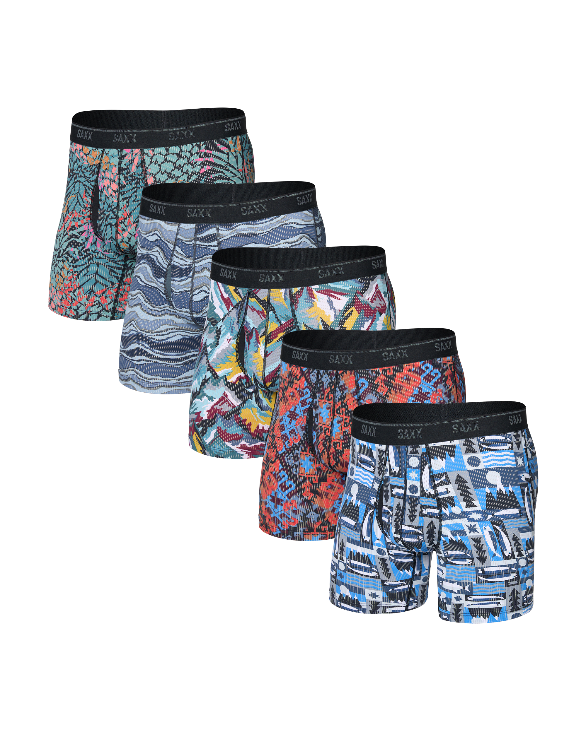 Set of five patterned boxer briefs on a white background