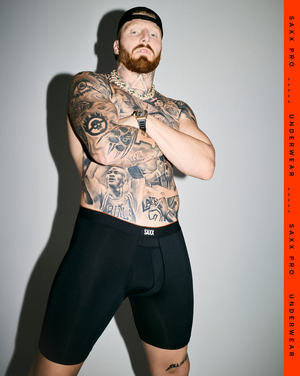 SAXX Gamechanger and Pro Fooball Player Maxx Crosby wearing Multi-Sport Mesh Boxer Brief in Black