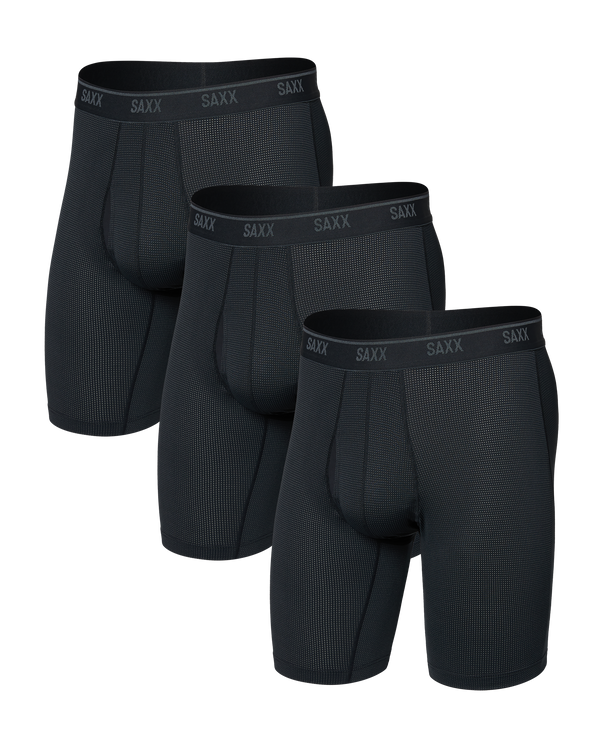 Front of Quest Quick-Dry Mesh Long Boxer Brief Fly 3 Pack in Black