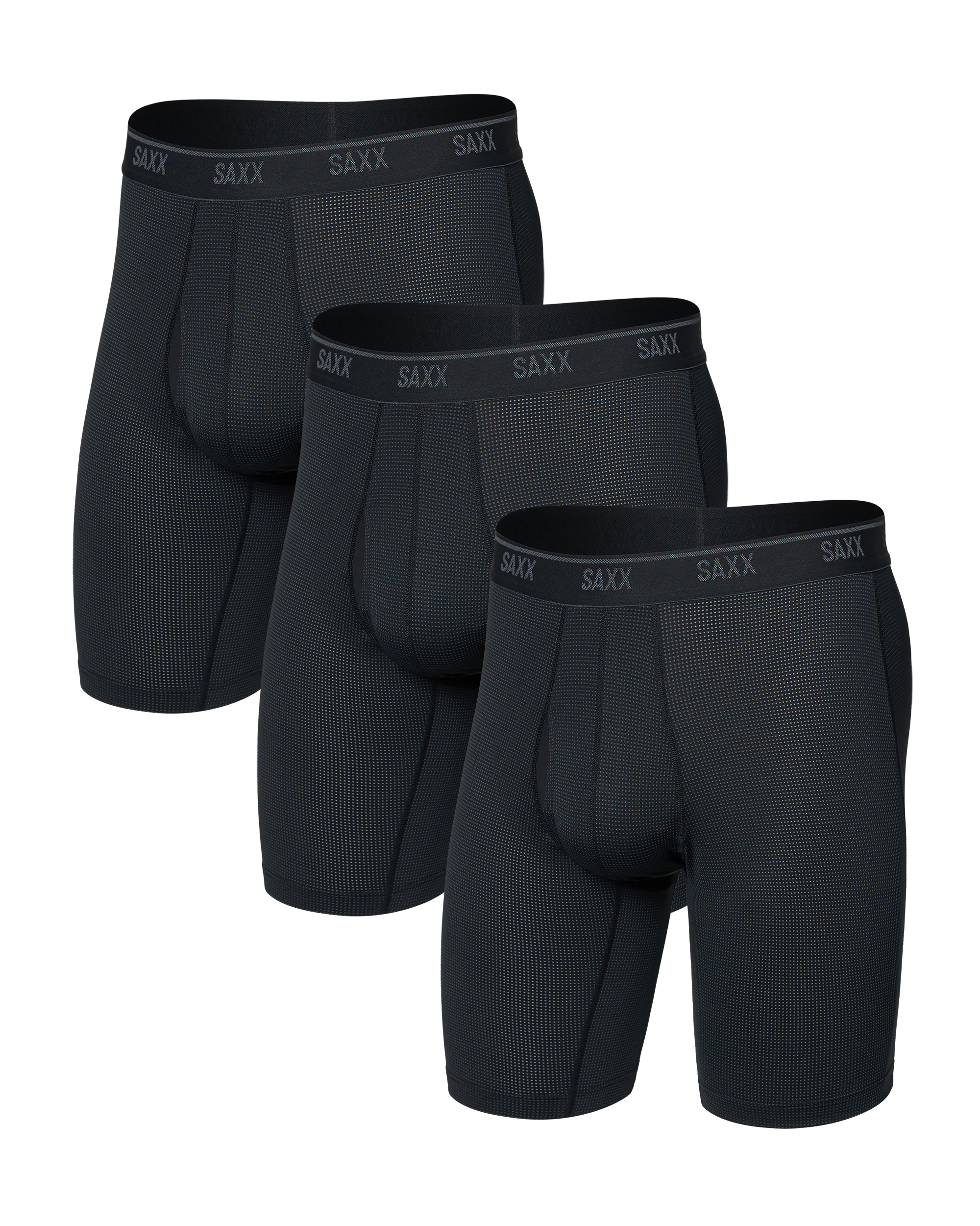 Front of Quest Quick-Dry Mesh Long Boxer Brief Fly 3 Pack in Black