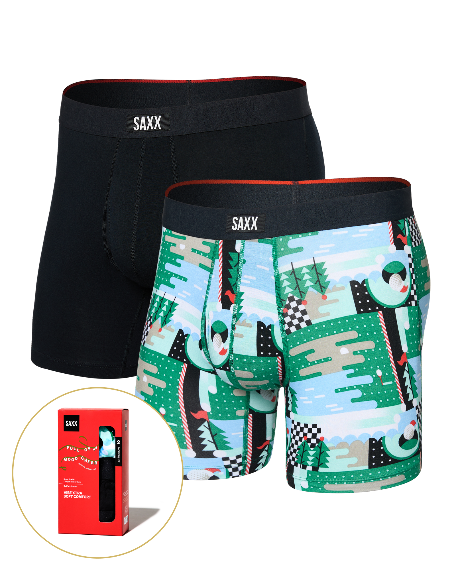 Front of Vibe Xtra Soft Comfort Boxer Brief Fly 2 Pack in Geo Golf/Black