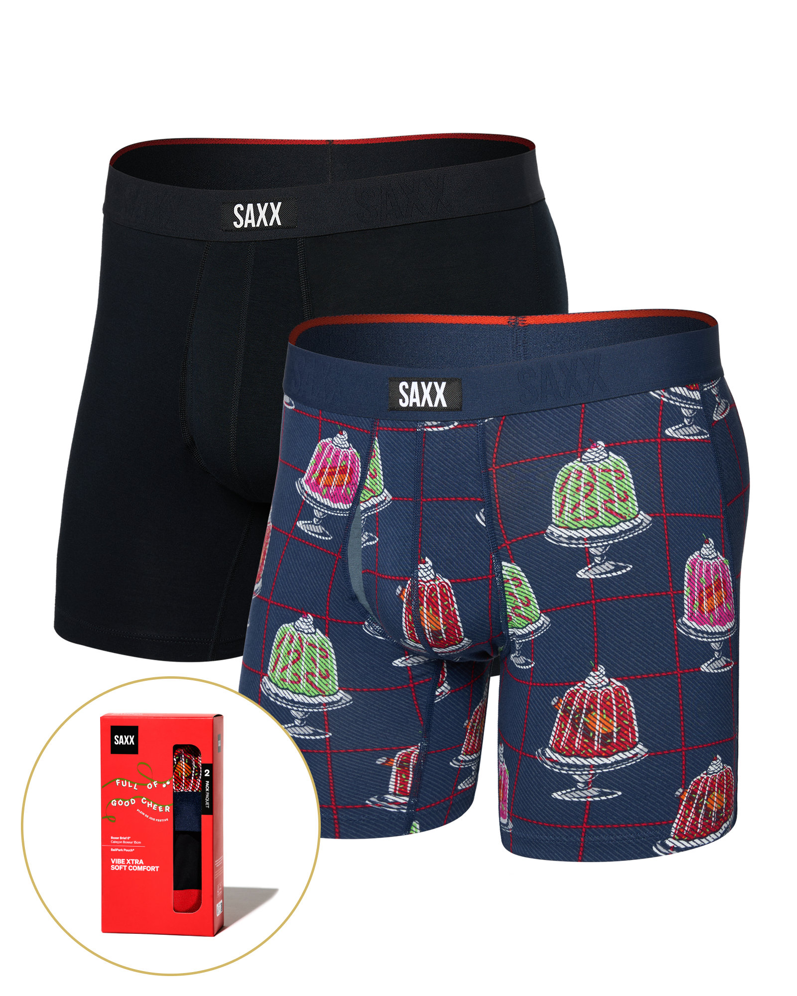 Front of Vibe Xtra Soft Comfort Boxer Brief Fly 2 Pack in Jiggle Bells/Red Waistband
