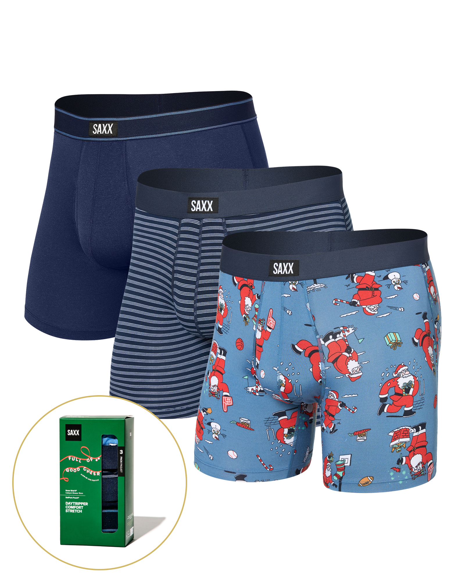 Front of Daytripper Comfort Stretch Boxer Brief Fly 3 Pack in Santathalon/Stripe/Navy