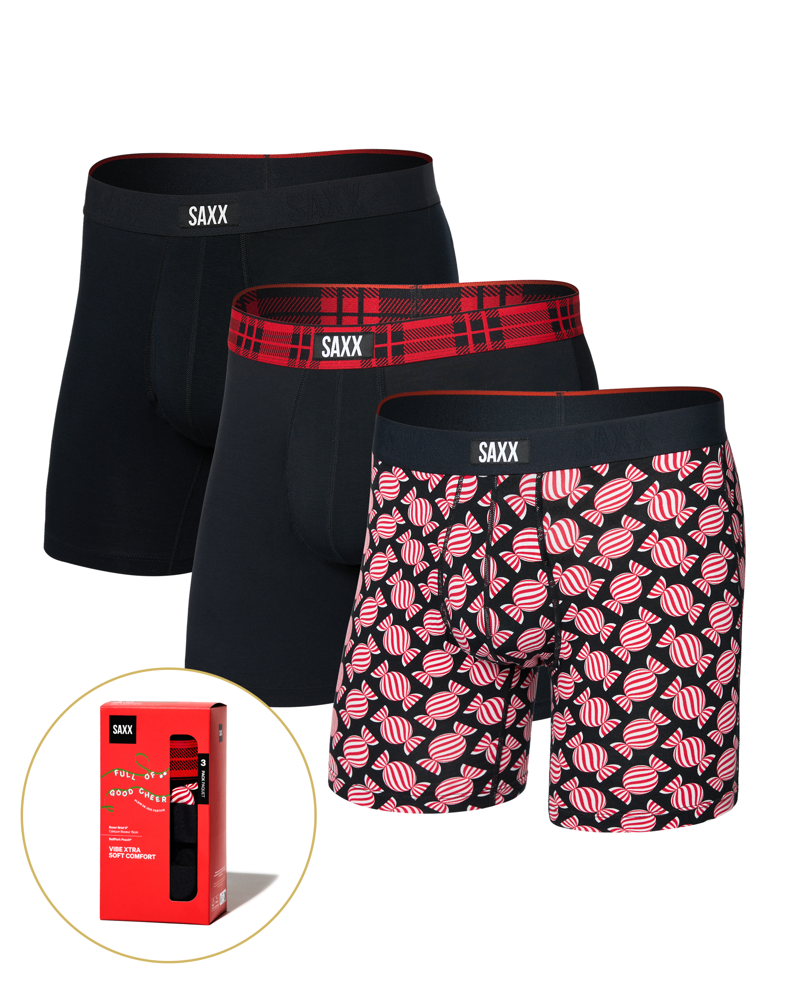 Front of Vibe Xtra Soft Comfort Boxer Brief Fly 3 Pack in Sweet Stripe/Check Waistband/Black
