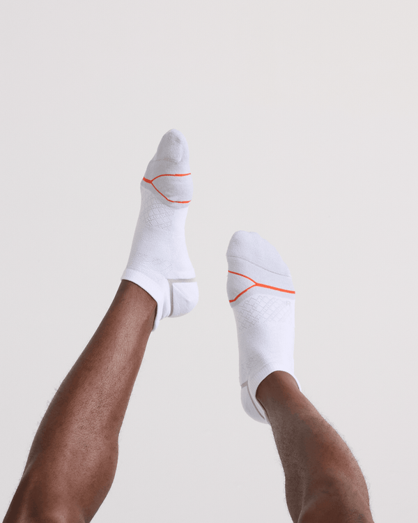 Back - Model wearing Foot Hold Mid-Weight Low Show Sock in White