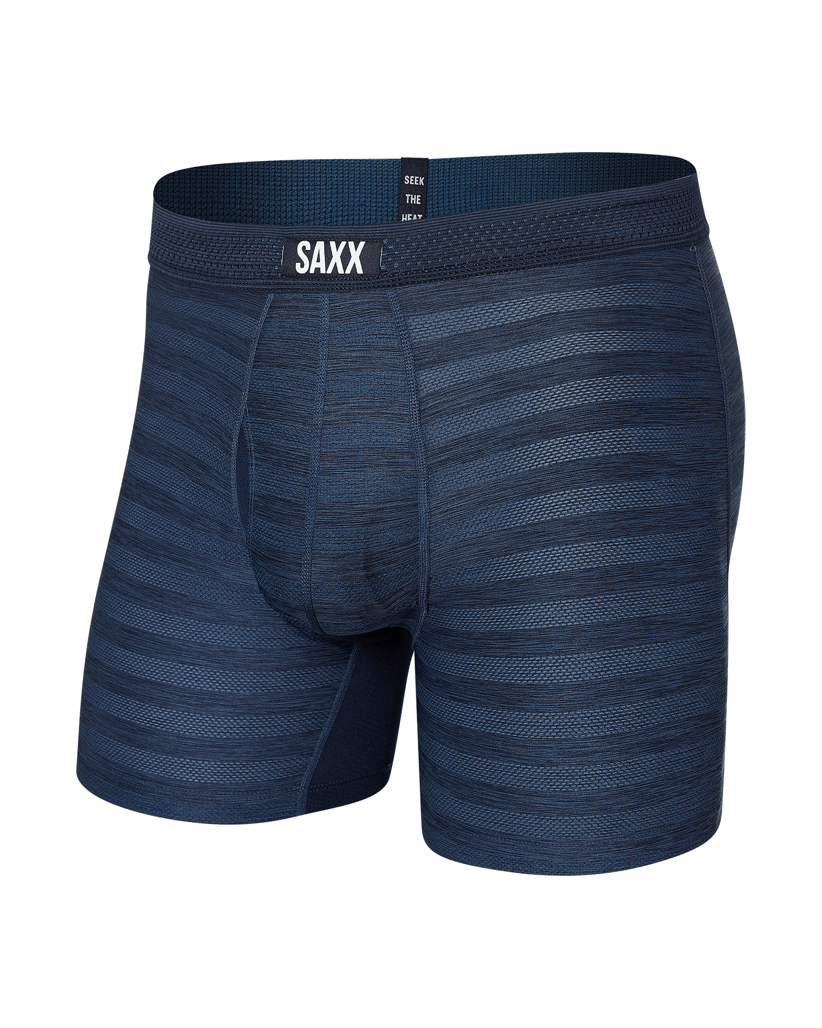 Front of DropTemp Cooling Mesh Boxer Brief Fly in Dark Denim Heather