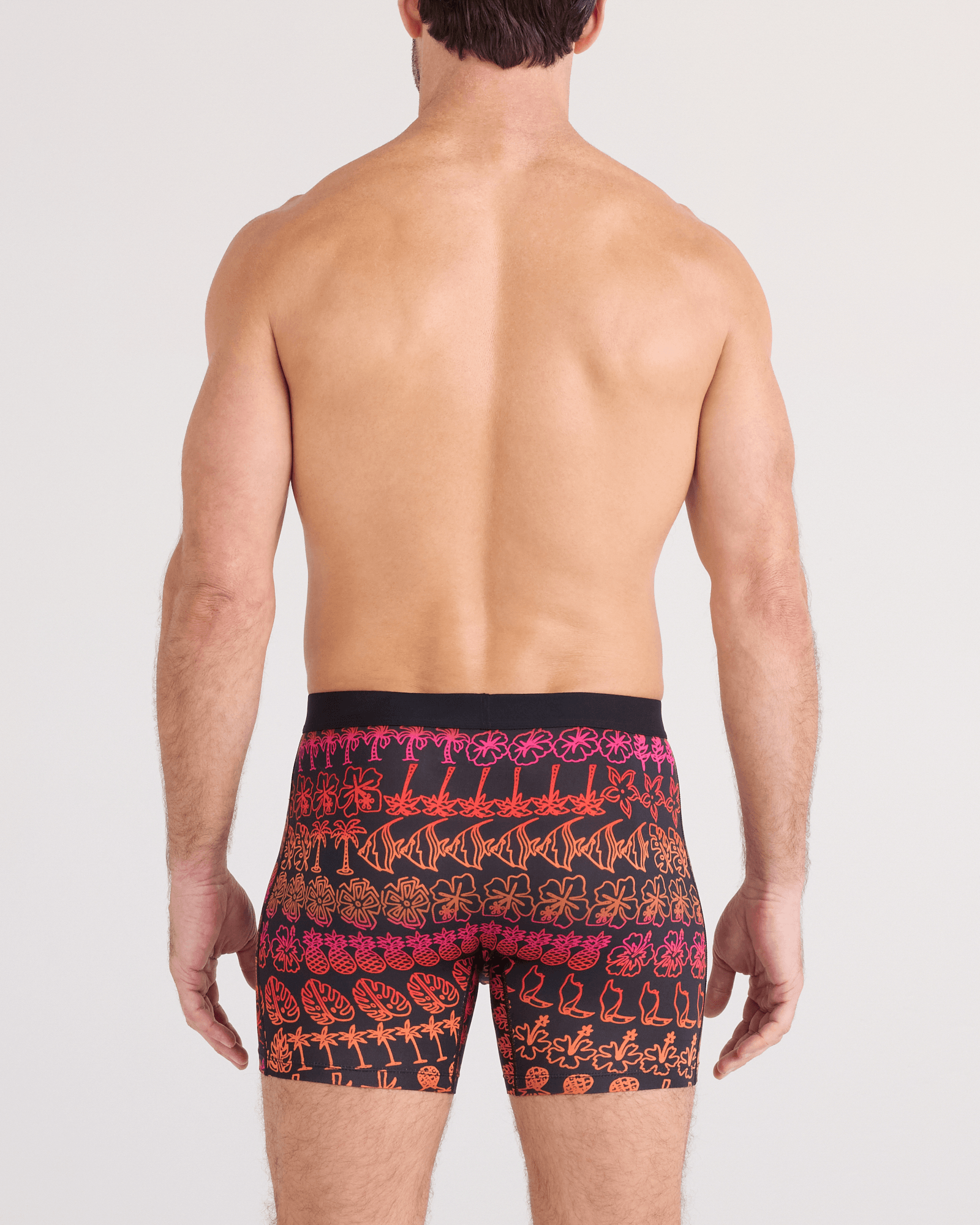 Back - Model wearing  Daytripper Comfort Stretch Boxer Brief Fly in Tropical Lineup-Black