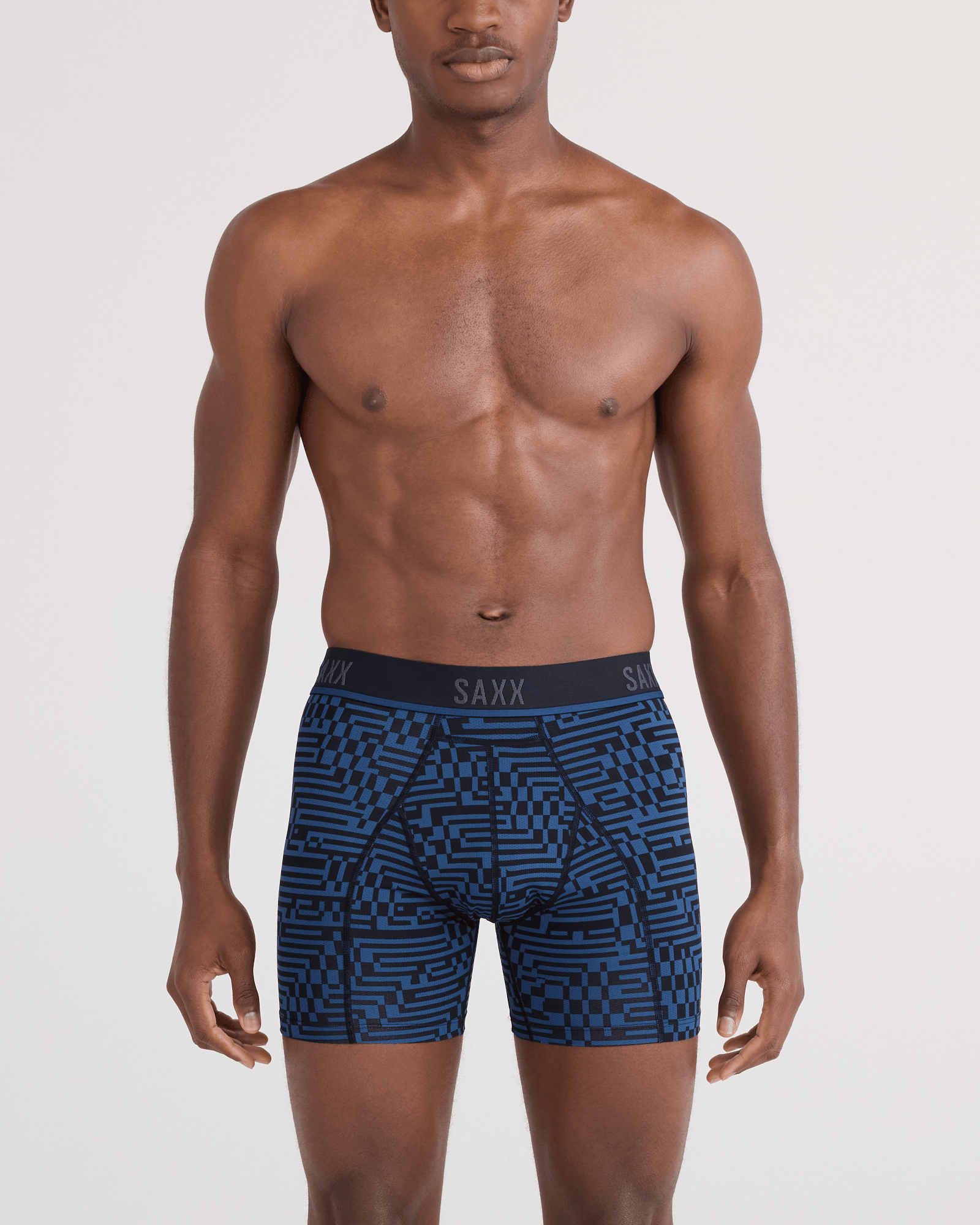 Front - Model wearing  Kinetic Light-Compression Mesh Boxer Brief in Maze Camo-Navy Dawn