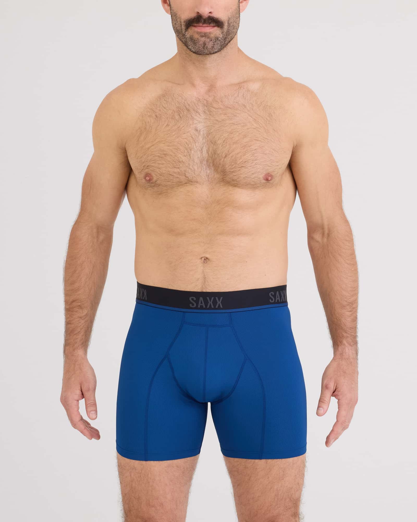 Front - Model wearing  Kinetic Light-Compression Mesh Boxer Brief in Navy Dawn