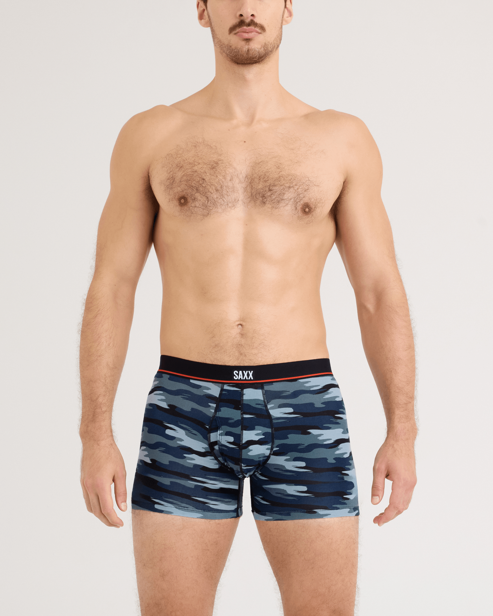 Front - Model wearing Non-Stop Stretch Cotton Boxer Brief Fly in Analog Wave Camo