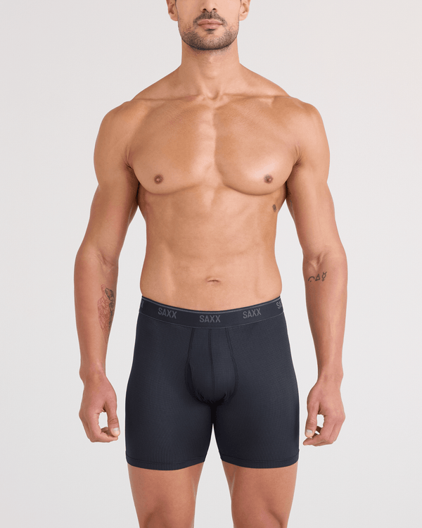 Front - Model wearing Quest Quick-Dry Mesh Boxer Brief Fly 3 Pack in Black/Turbulence/Maritime