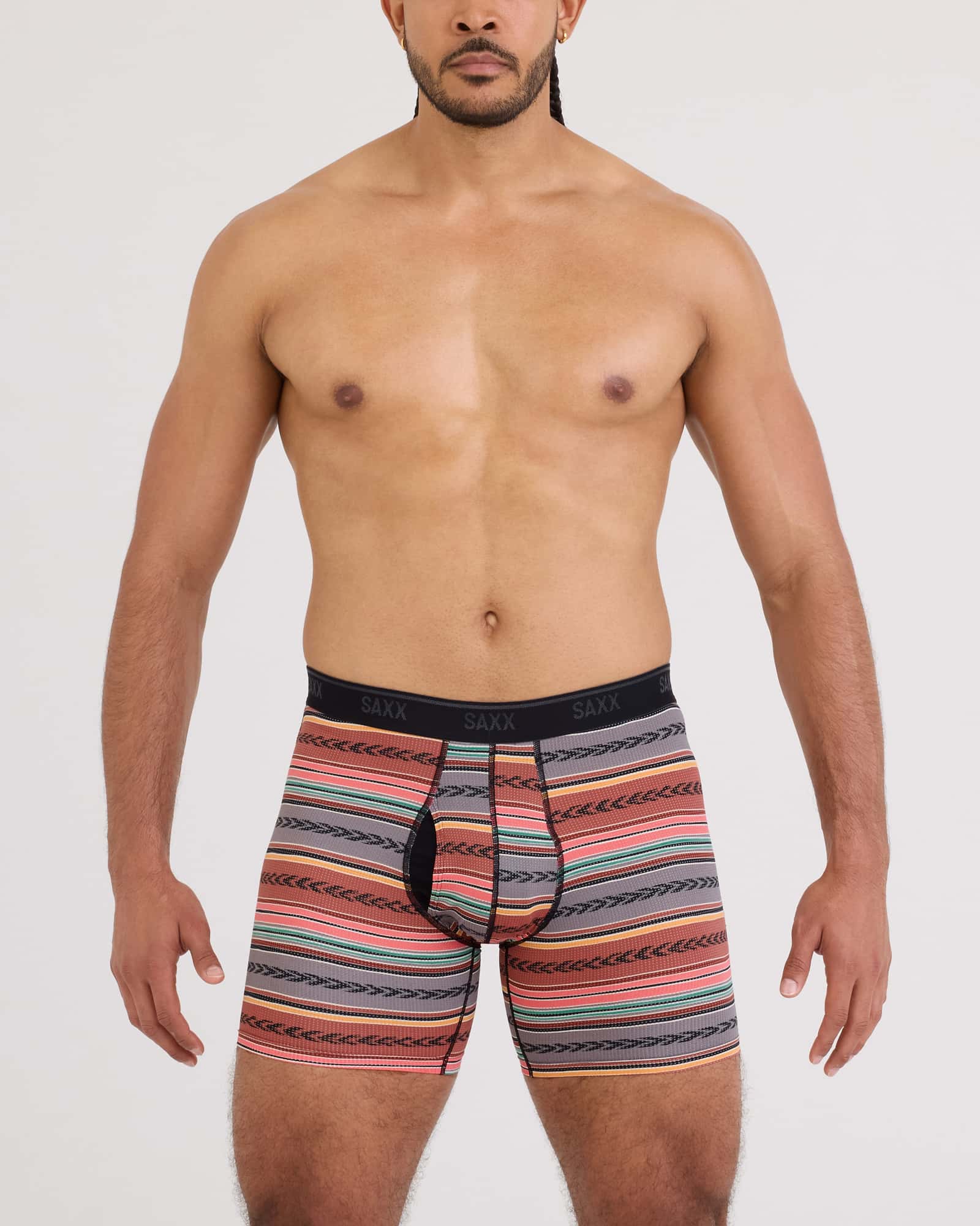 Front - Model wearing Quest Quick-Dry Mesh Boxer Brief Fly in Globetrekker Stripe-Multi
