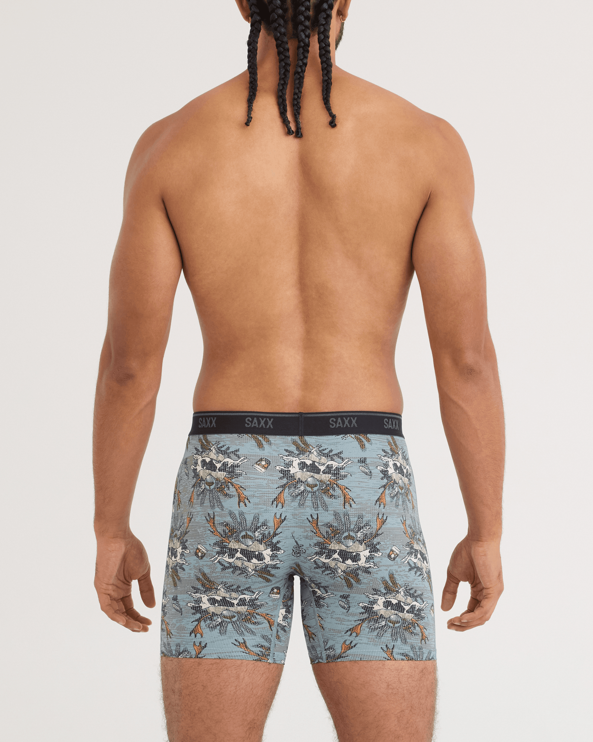 Back - Model wearing Quest Quick-Dry Mesh Boxer Brief in Hunting Lodge-Silver Pine