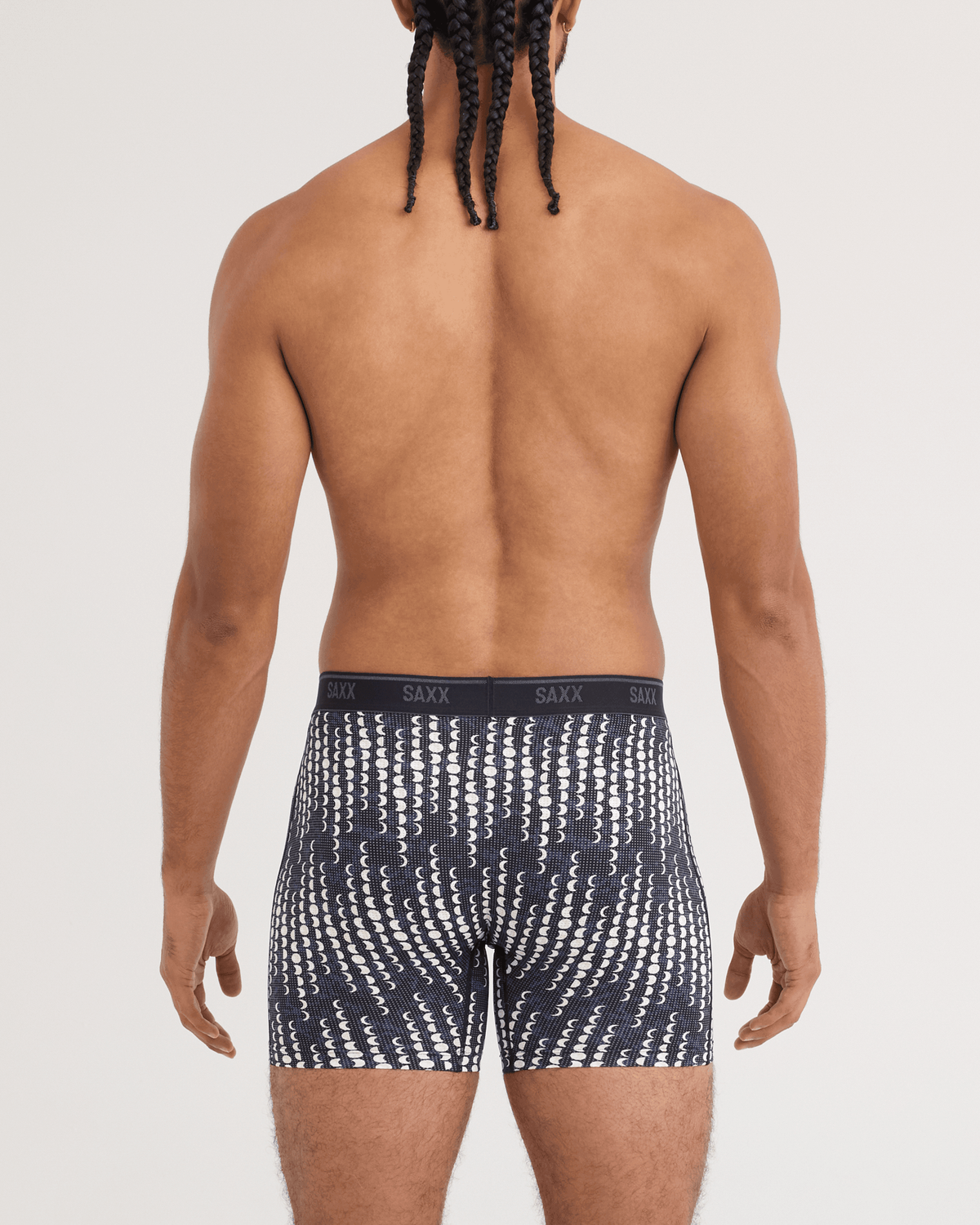Back - Model wearing Quest Quick-Dry Mesh Boxer Brief in Moonrise-Black