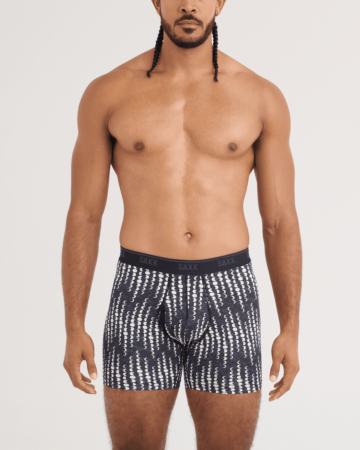 Front - Model wearing Quest Quick-Dry Mesh Boxer Brief in Moonrise-Black