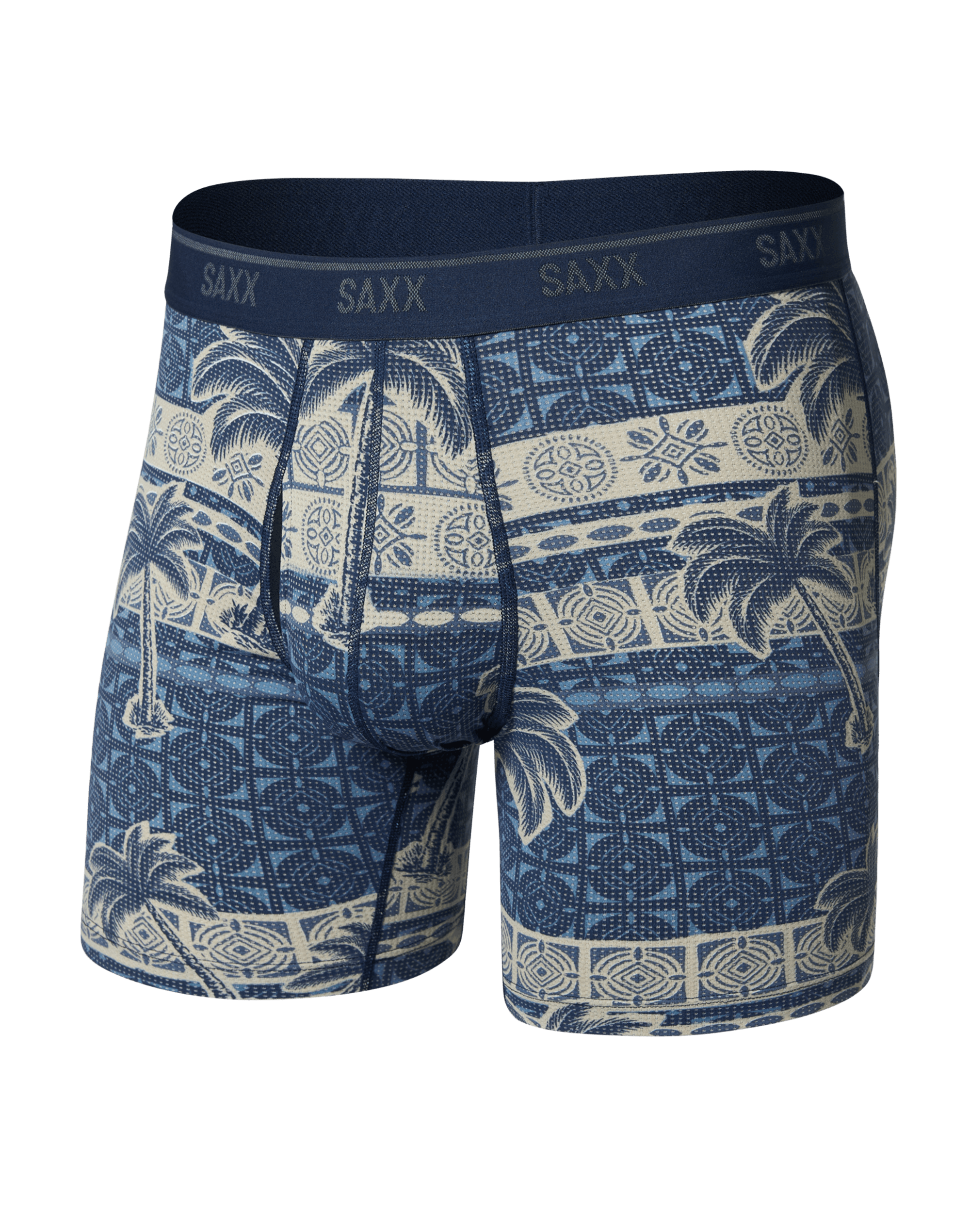 Front of Quest Quick-Dry Mesh Boxer Brief in Palm Geo-Stone