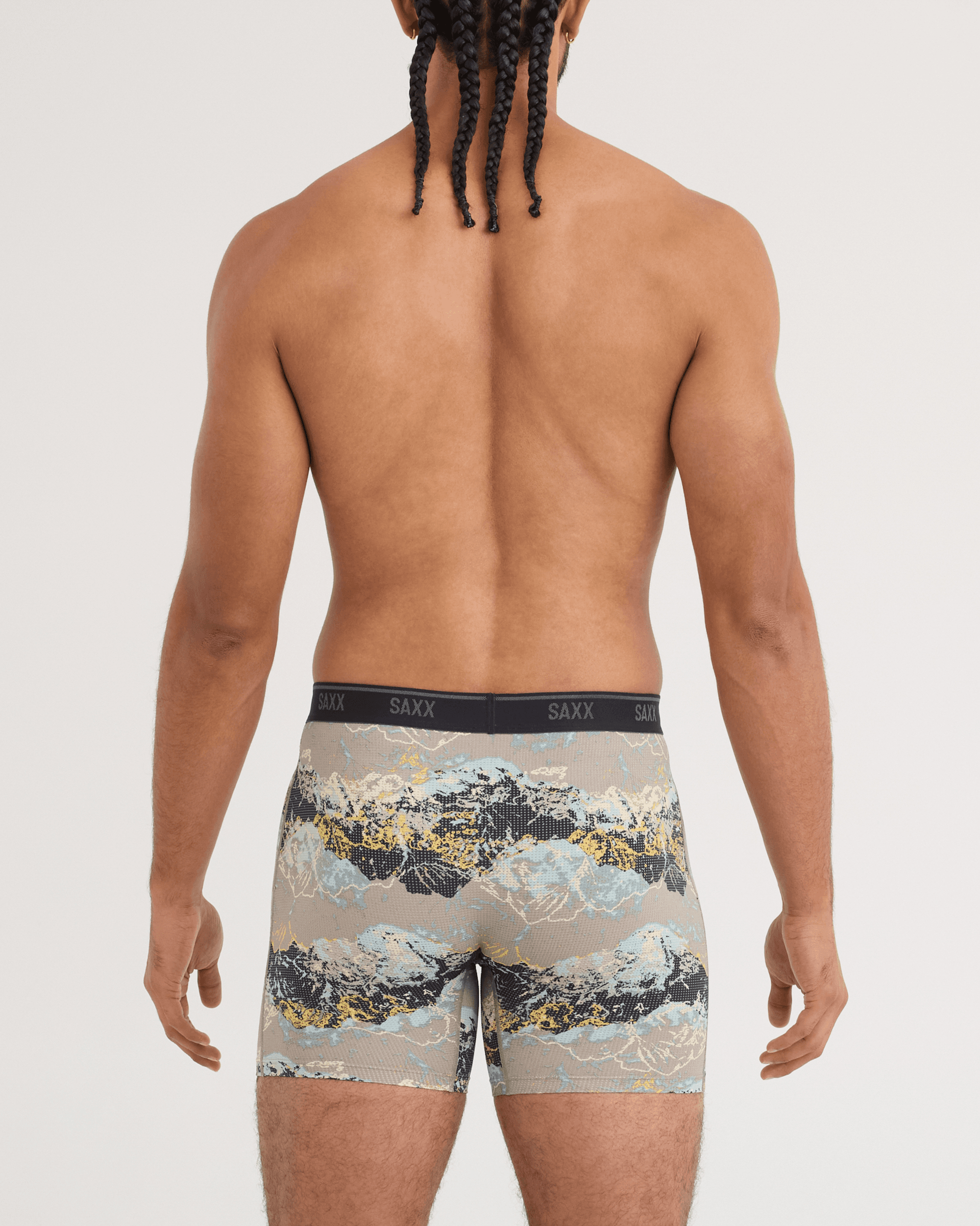 Back - Model wearing Quest Quick-Dry Mesh Boxer Brief in Summits-Cinder