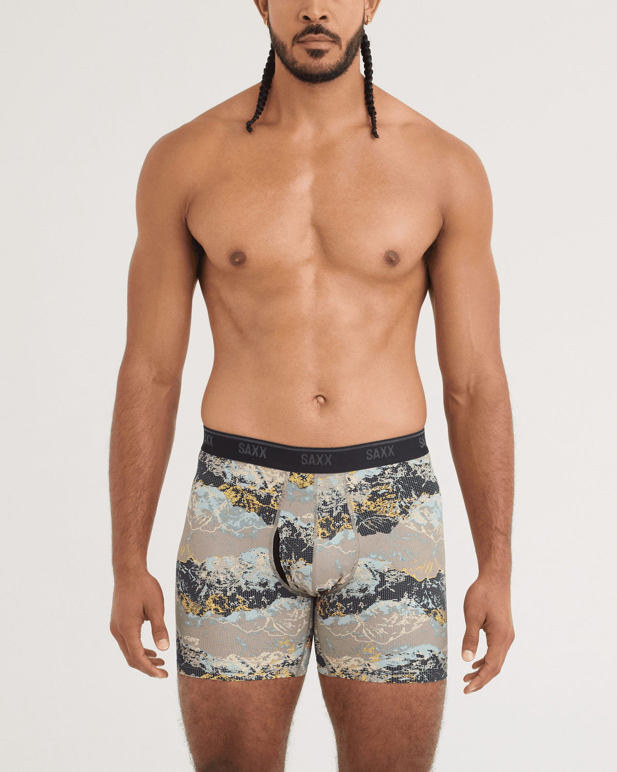 Front - Model wearing Quest Quick-Dry Mesh Boxer Brief in Summits-Cinder