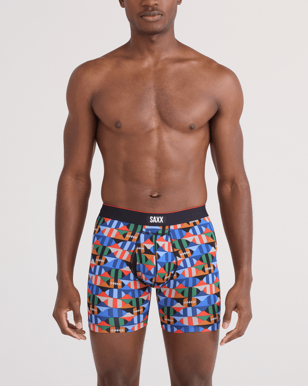 Front - Model wearing Multi-Sport Mesh Boxer Brief Fly in Gridiron Check-Multi