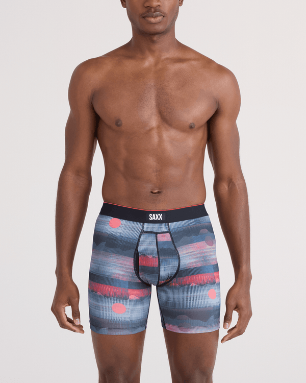 Front - Model wearing Multi-Sport Mesh Boxer Brief Fly in Mystery Peaks-Multi