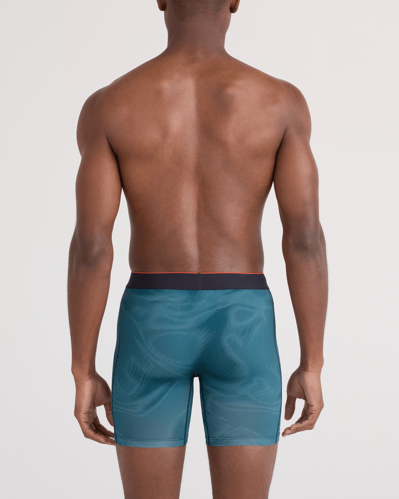 Back - Model wearing  Multi-Sport Mesh Boxer Brief Fly in Platinum Camo-Rich Teal