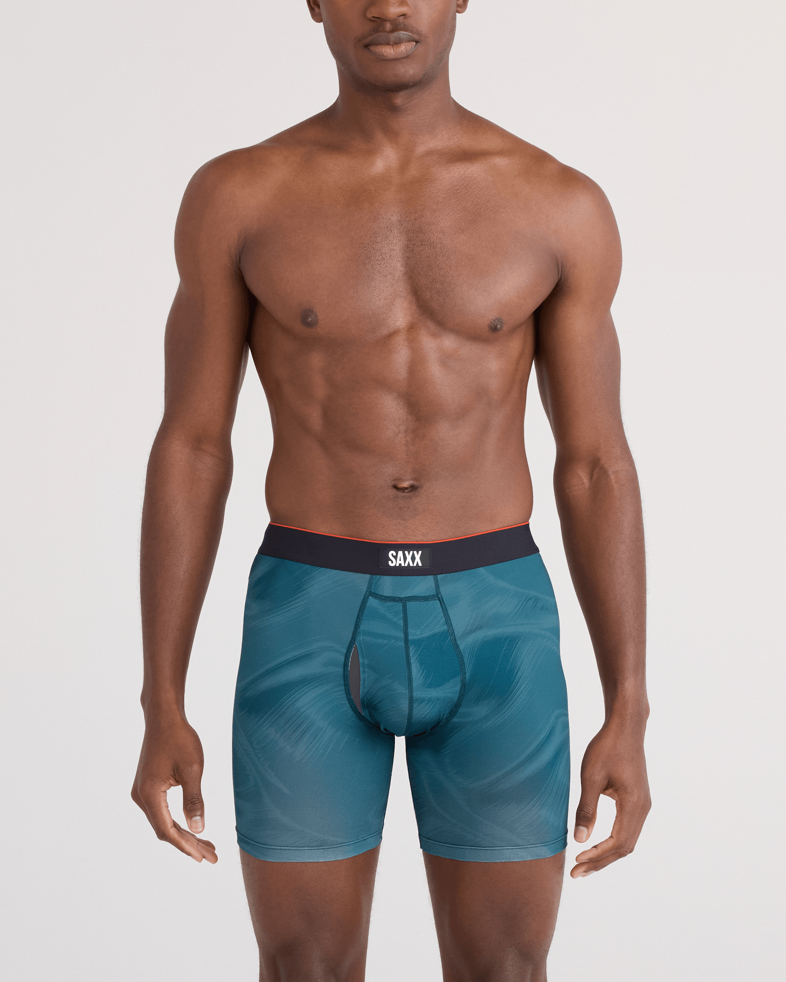 Front - Model wearing  Multi-Sport Mesh Boxer Brief Fly in Platinum Camo-Rich Teal