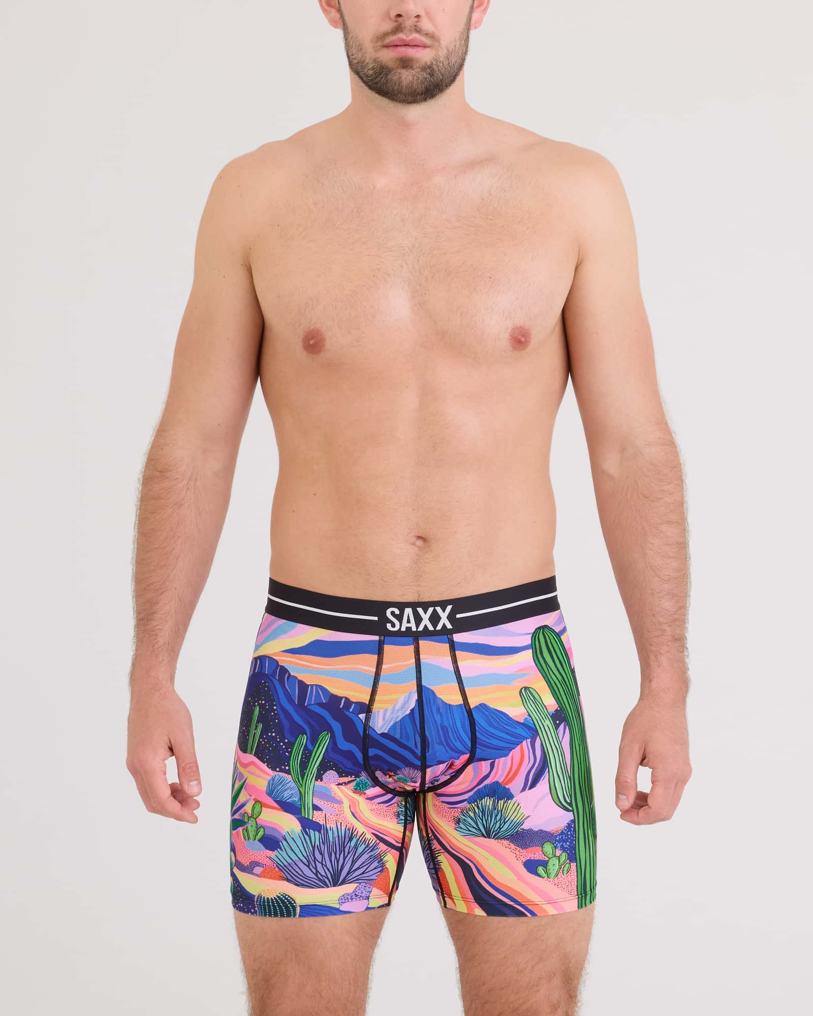 Front - Model wearing Volt Breathable Mesh Boxer Brief in Prickly Paradise-Multi